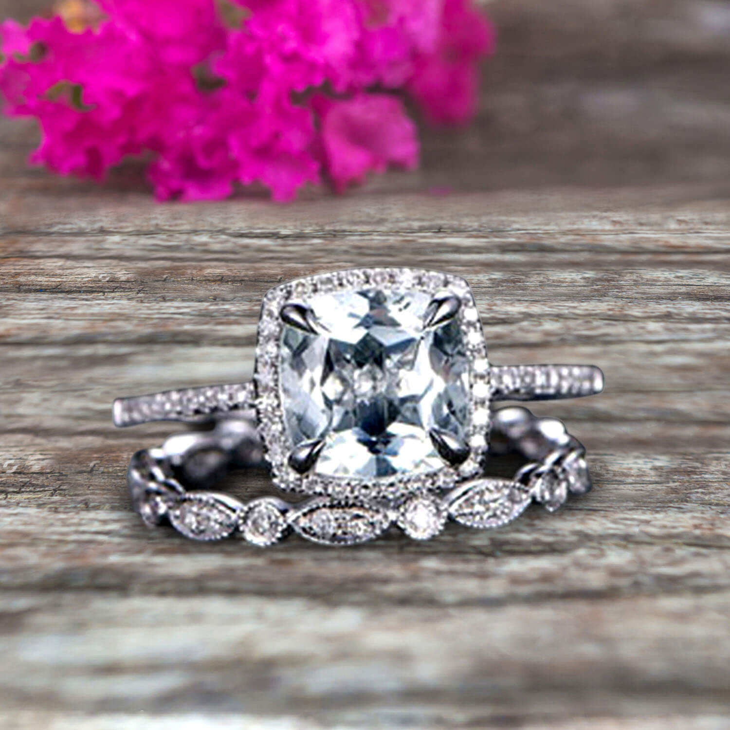 1.75 Carat Cushion Cut Vintage Aquamarine Engagement Ring with Wedding Band in 10k White Gold - Perfect for Proposals, Anniversaries & Bridal Jewelry