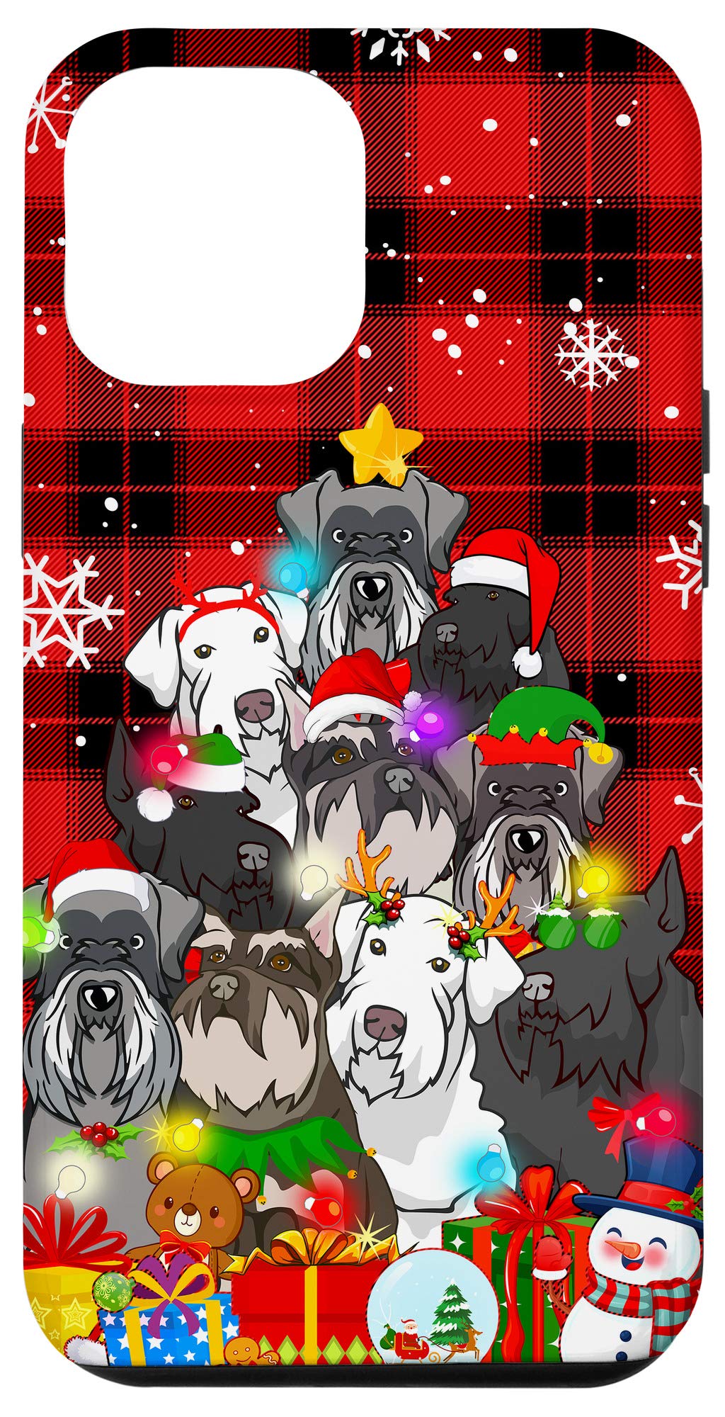 iPhone 12 Pro Max Case - Festive Christmas Tree & Schnauzer Santa Design with Red Plaid Pattern - Perfect for Holiday Gifts & Winter Celebrations