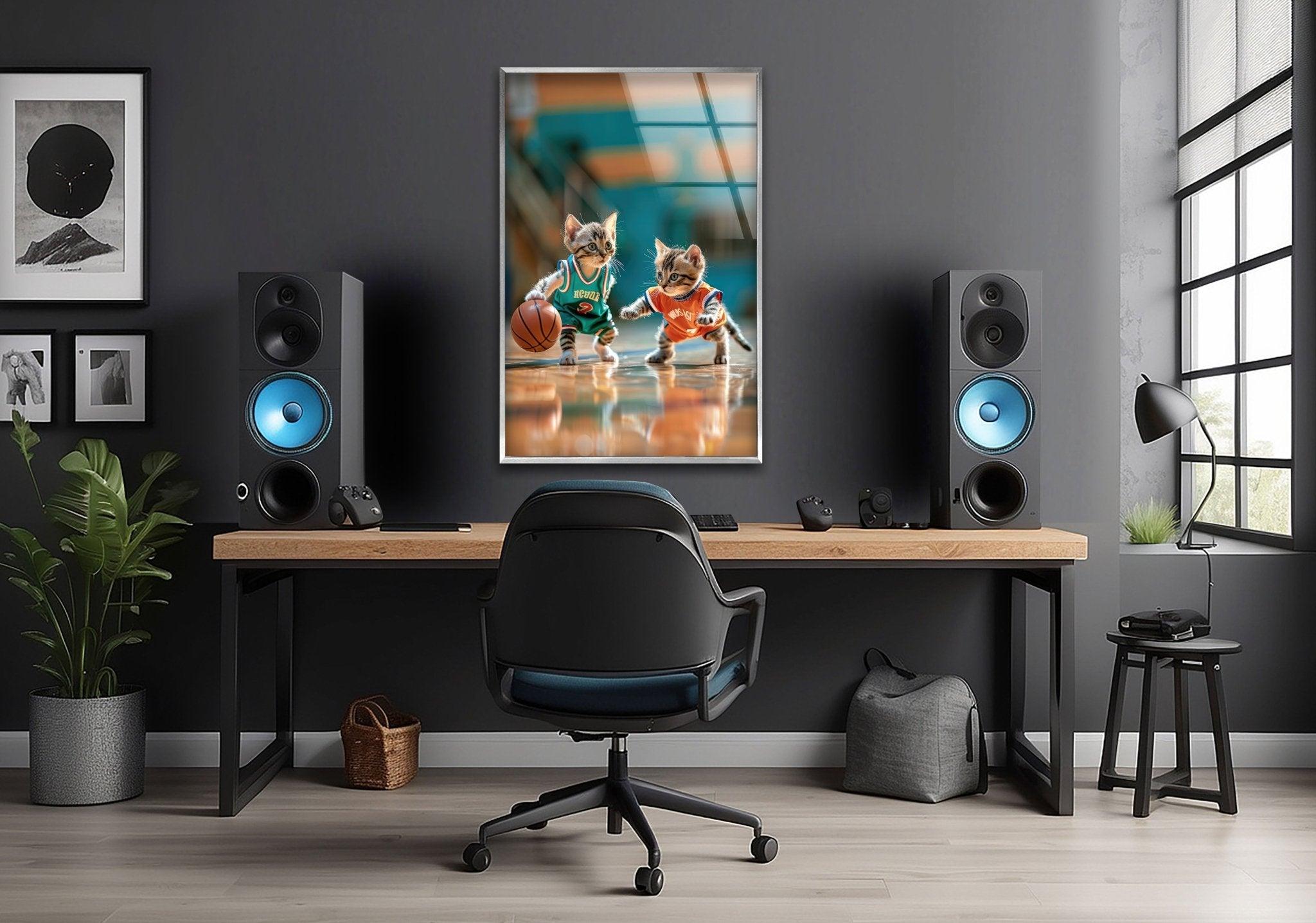 Basketball Player Cats Glass Wall Art - Unique Sports Decor for Cat Lovers - Perfect for Living Room, Bedroom, or Game Room Decorations