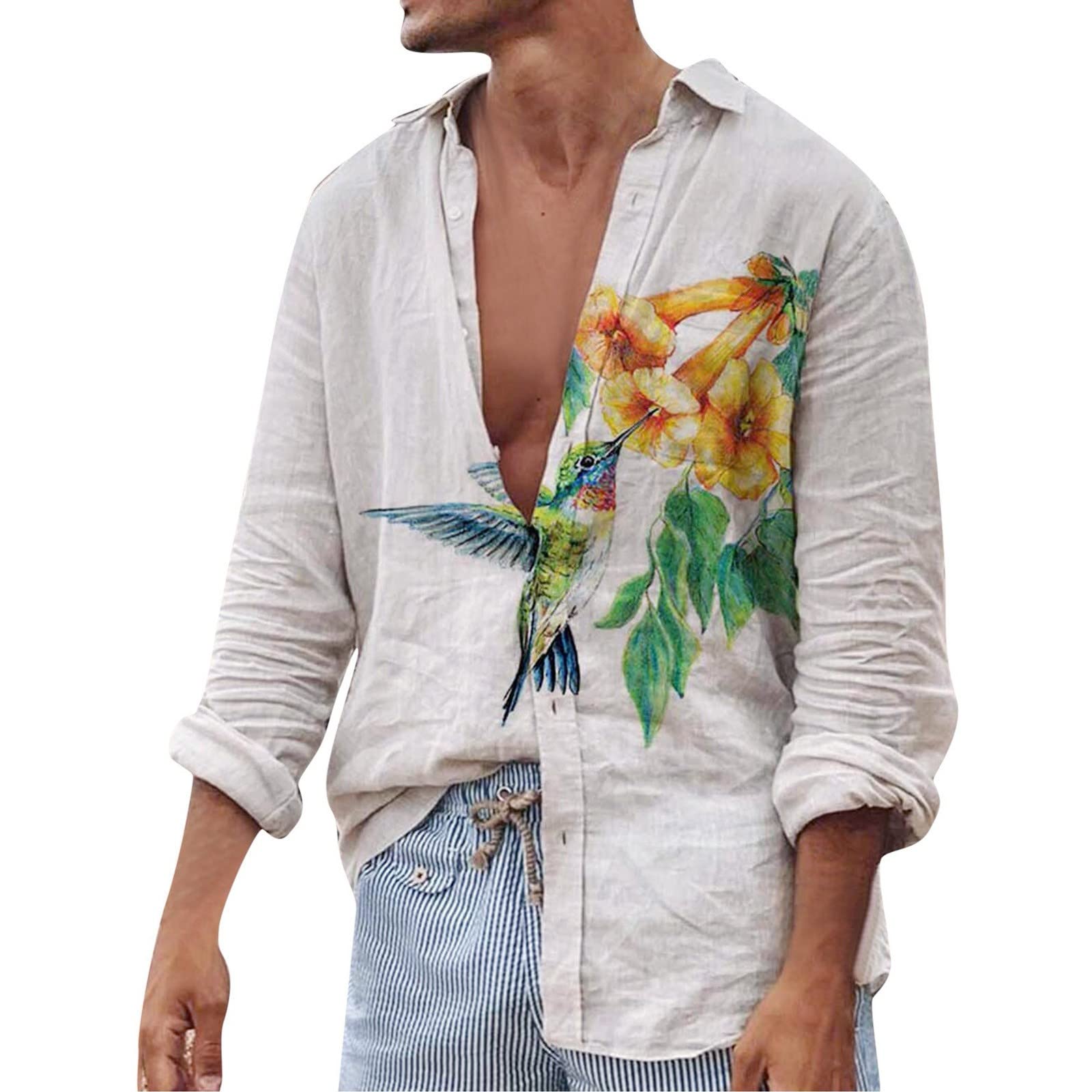 Stylish Men's Linen Beach Shirt - Long Sleeve Button Down Casual Top for Summer - Big & Tall Sizes - Perfect for Beach Outings, Music Festivals & Boho Style