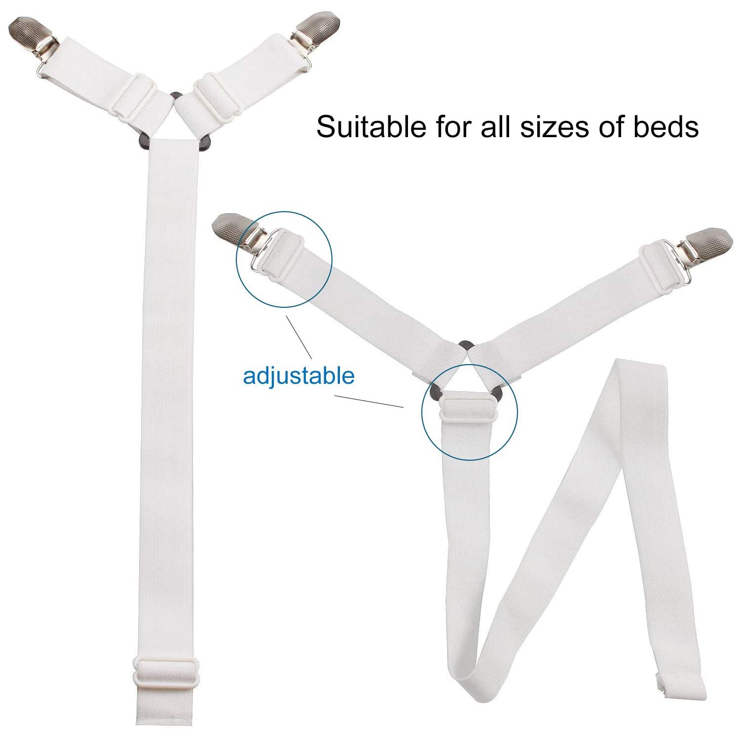 6-Way Adjustable Elastic Sheet Clips - Secure Fitted Sheets, Tablecloths & Sofa Covers - Triangle Design Fits Round & Square Mattresses (White) - Perfect for Home, Hotel & RV Use