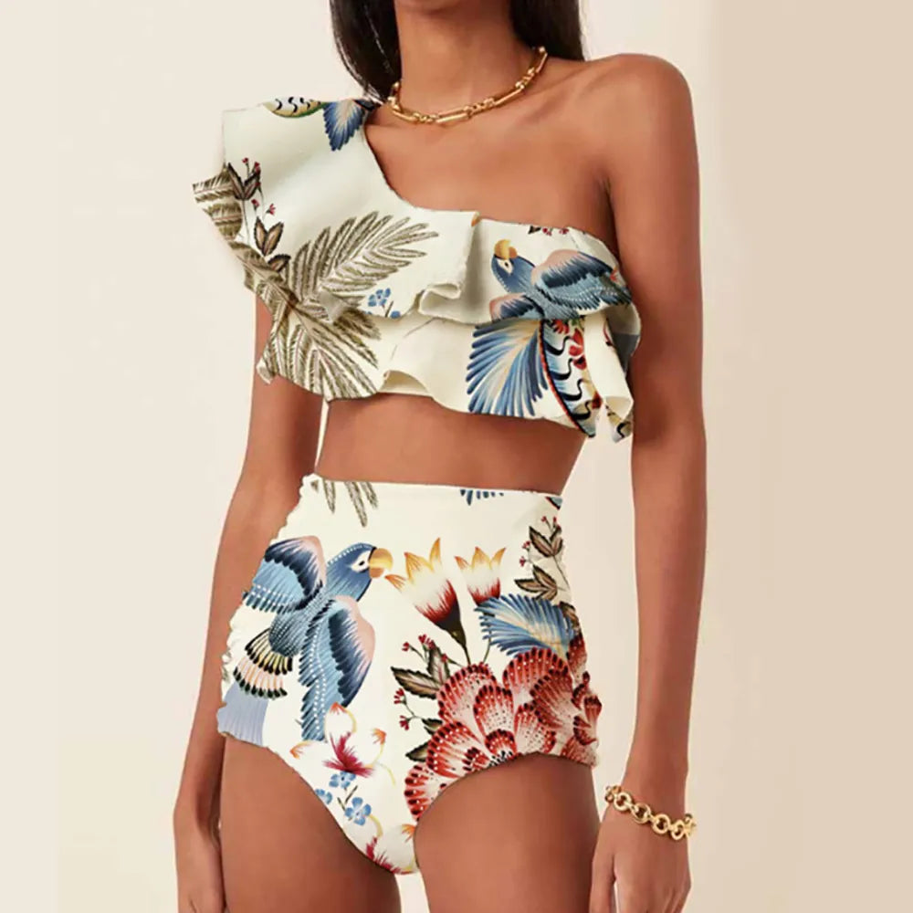 Stylish One Shoulder Ruffle Swimsuit - Colorful Parrot Print Bikini Set with High Waist & Backless Design | Sexy Beachwear for Women | Perfect for Pool Parties, Summer Vacations & Tropical Getaways