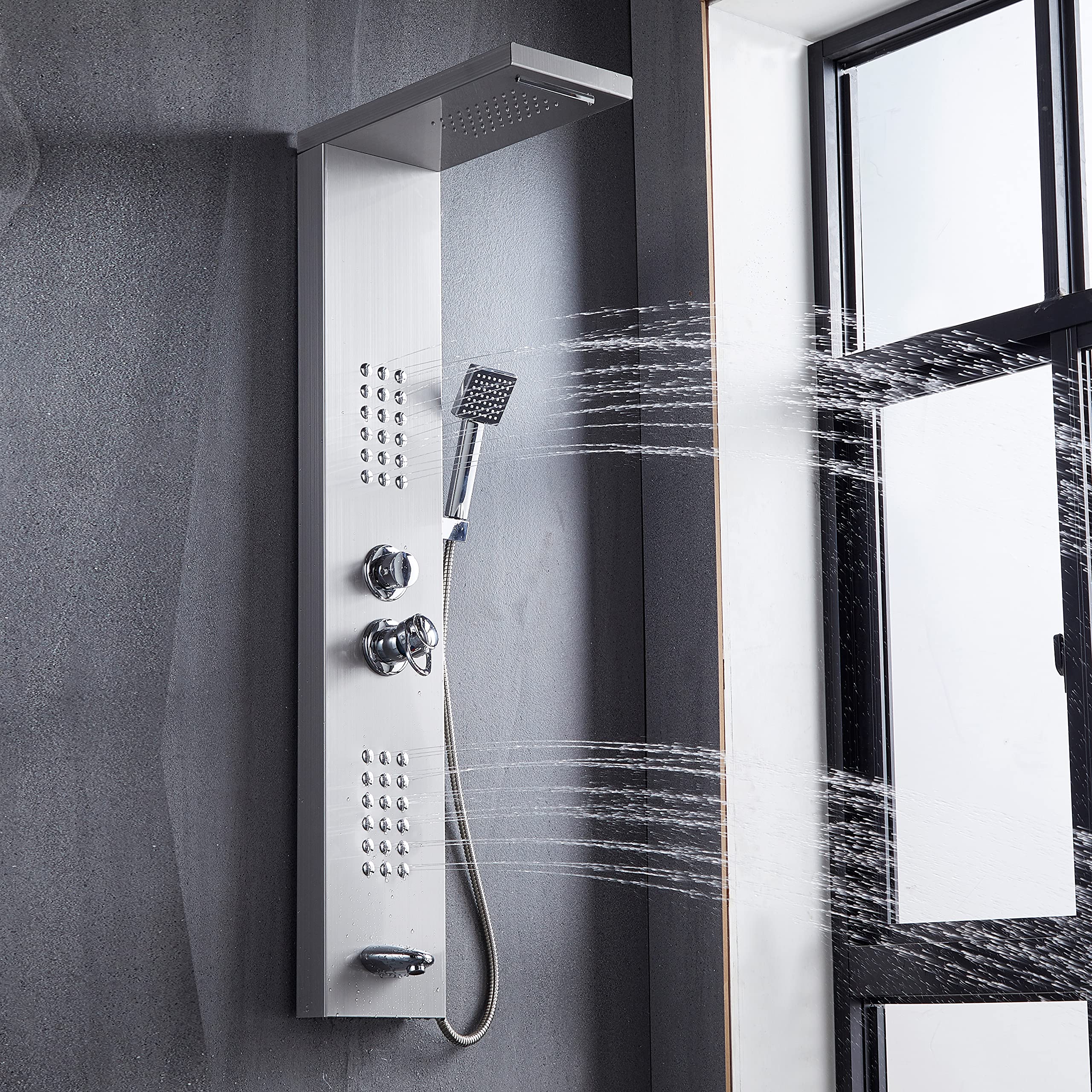Delavin Stainless Steel Shower Panel Tower System - Wall Mounted Rainfall Shower Head with Massage Body Jets, Tub Spout & Handheld Shower | Brushed Nickel Finish | Perfect for Bathroom Remodeling & Spa-Like Shower Experience