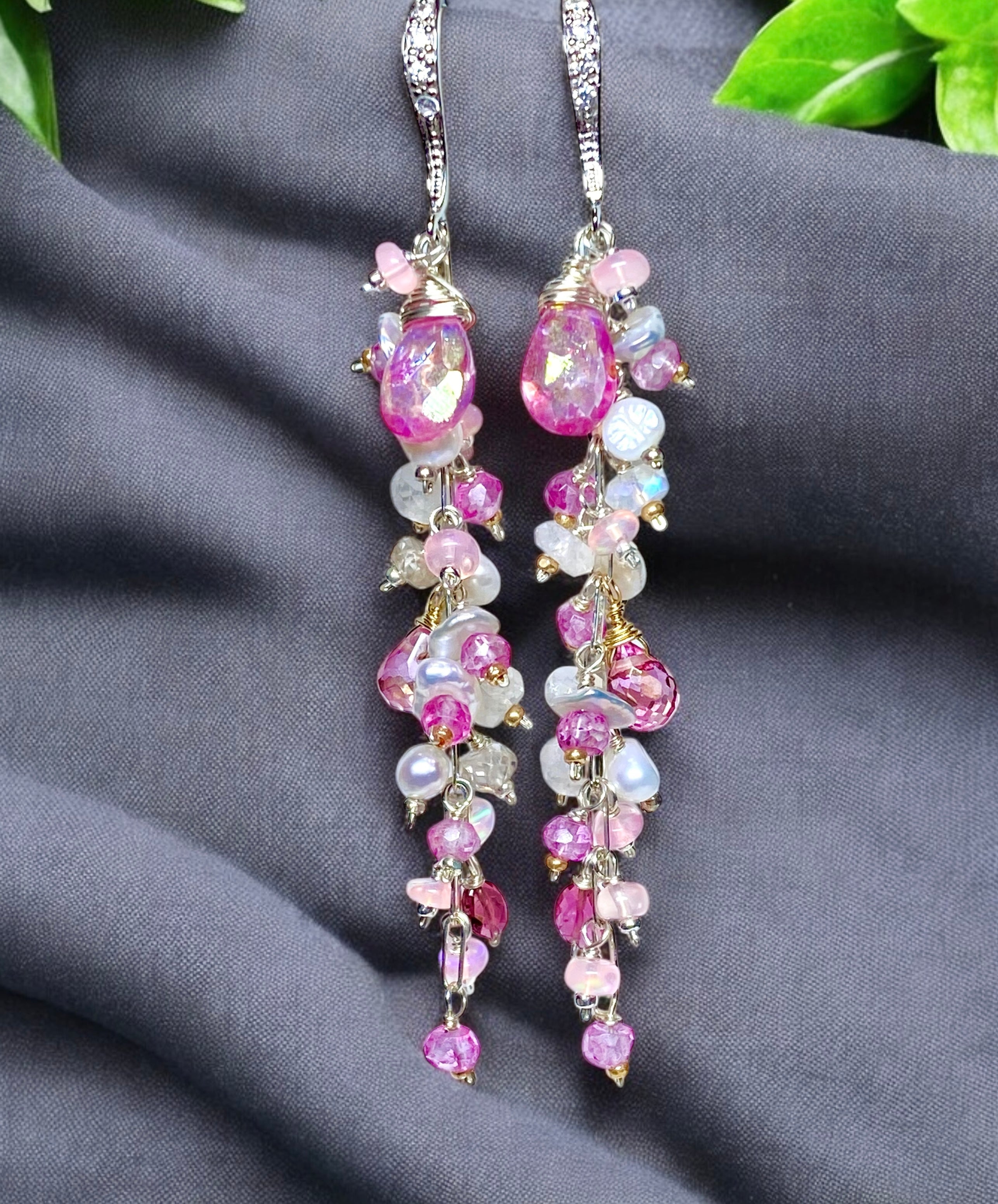 Elegant Long Pink Topaz and Pearl Duster Earrings in Sterling Silver - Perfect for Weddings, Parties & Special Occasions