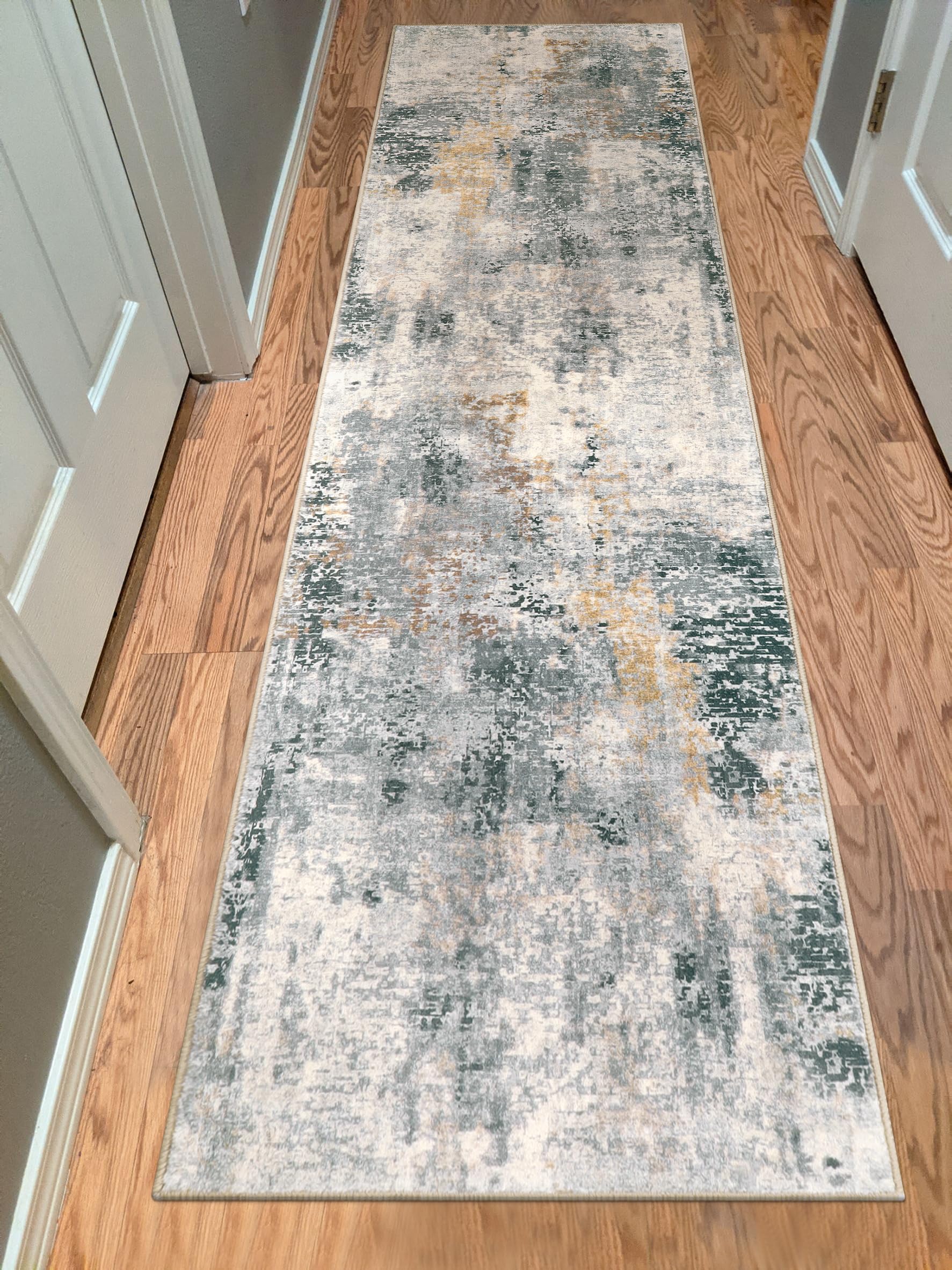 Modern Abstract Runner Rug 2x8 Gray - Non-Slip Washable Hallway Carpet for Kitchen, Entryway, Bedroom & Bathroom | Soft Low-Pile Indoor Rug for High Traffic Areas & Home Decor