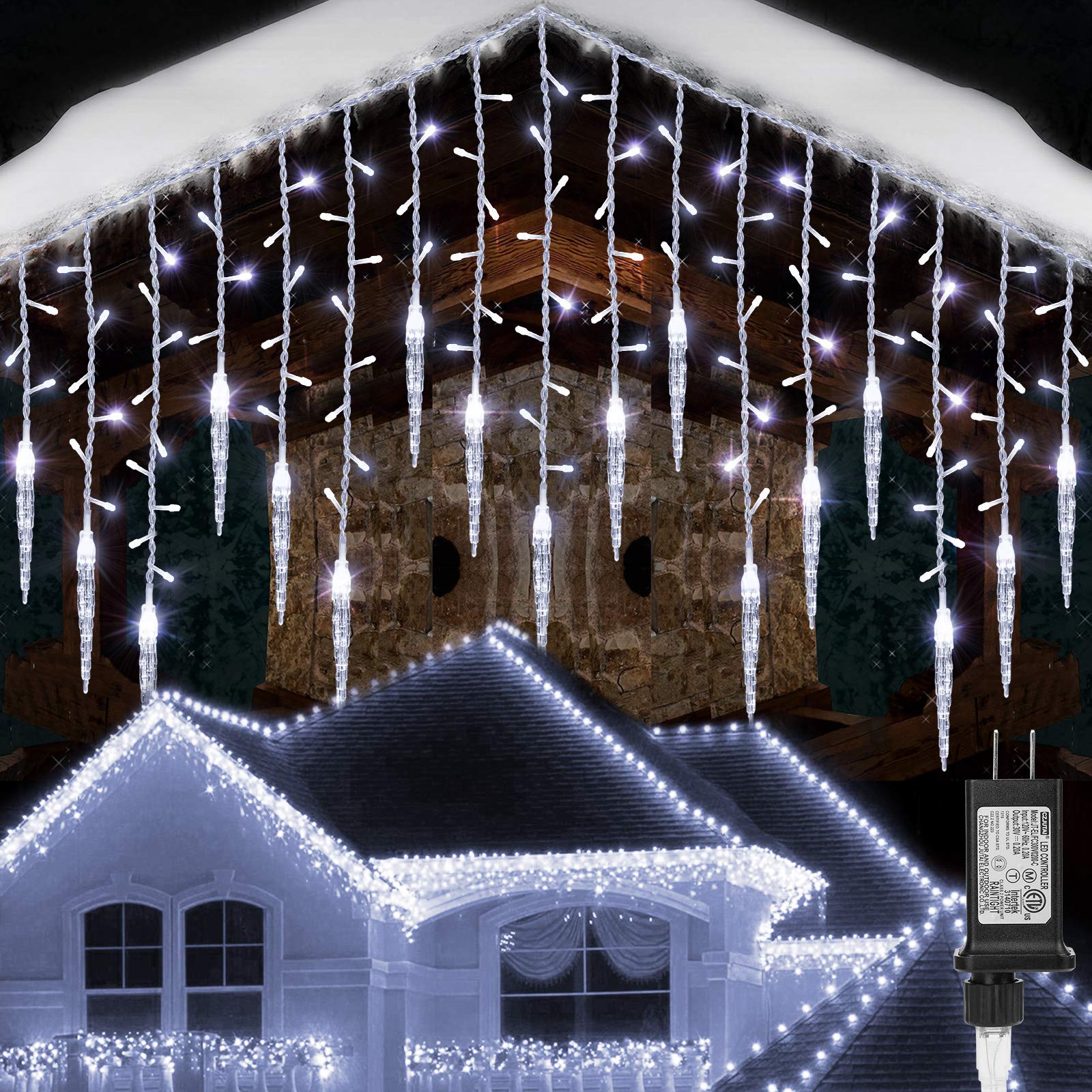 Toodour 29.5ft 360 LED Christmas Icicle Lights - 8 Lighting Modes with 60 Drops, Waterproof Window Curtain Fairy Lights for Indoor Outdoor Holiday Decorations - Perfect for Christmas, Party, Wedding, Garden & Home Decoration (Pure White)