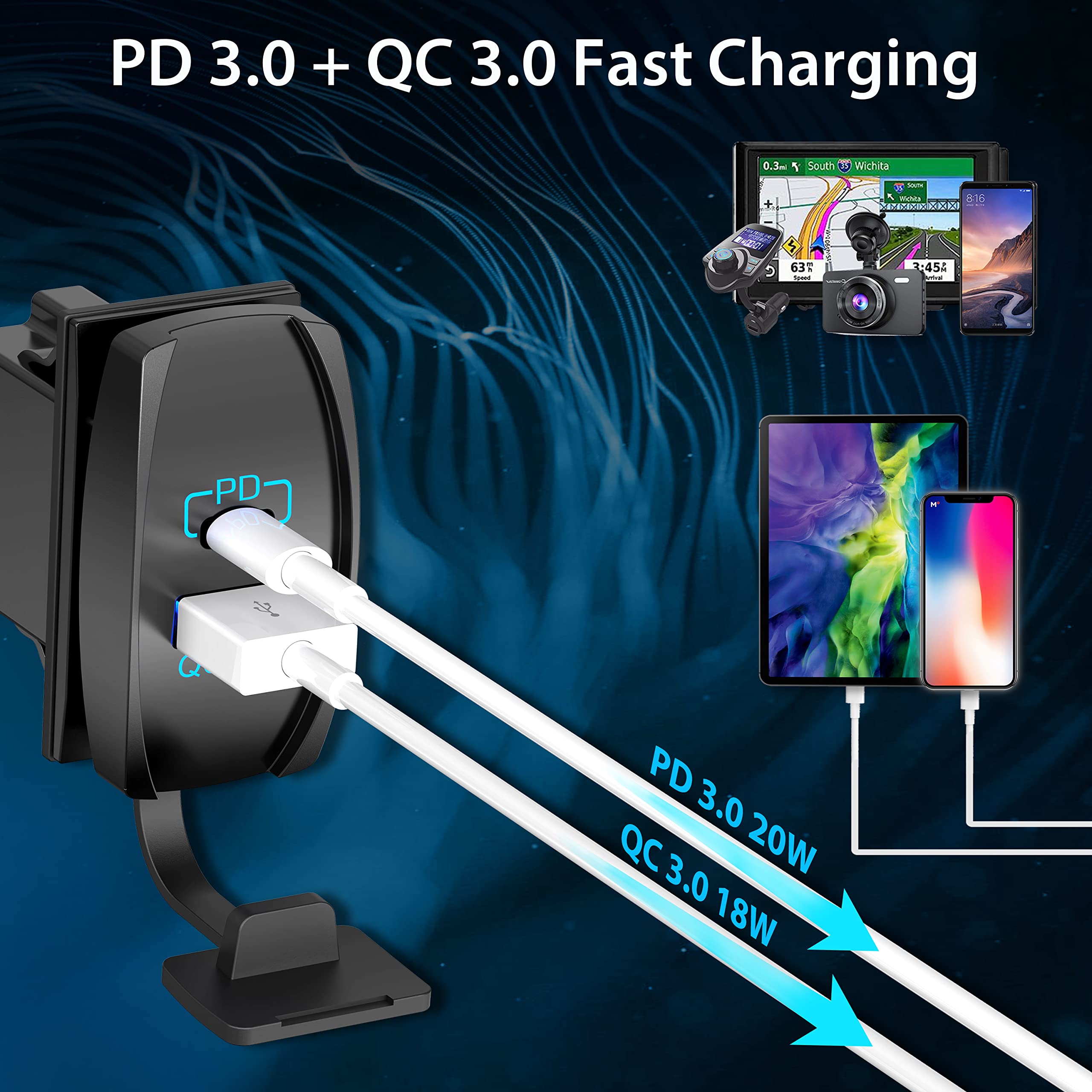 18W Quick Charge 3.0 & PD 20W USB Rocker Switch Charger with LED - Fast Charging for RV, Boat, Marine, Truck, UTV - Perfect for Road Trips & Outdoor Adventures