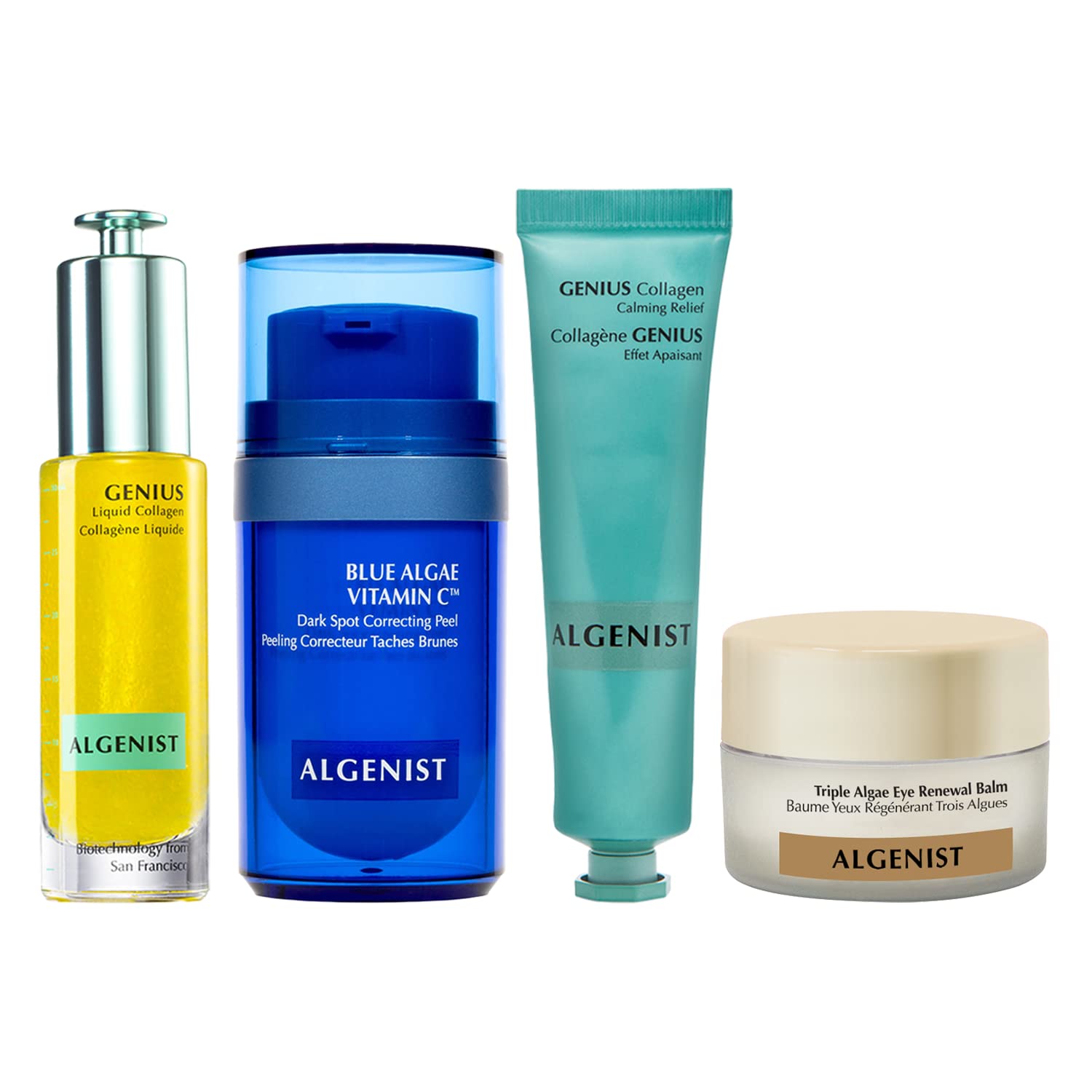 Algenist Collagen Boost, Brighten & Restore Kit - 4-Piece Anti-Aging Skincare Set with Genius Liquid Collagen, Blue Algae Vitamin C Dark Spot Corrector, Calming Relief Cream & Eye Renewal Balm | Perfect for Nighttime Routine & Travel Skincare Essentials