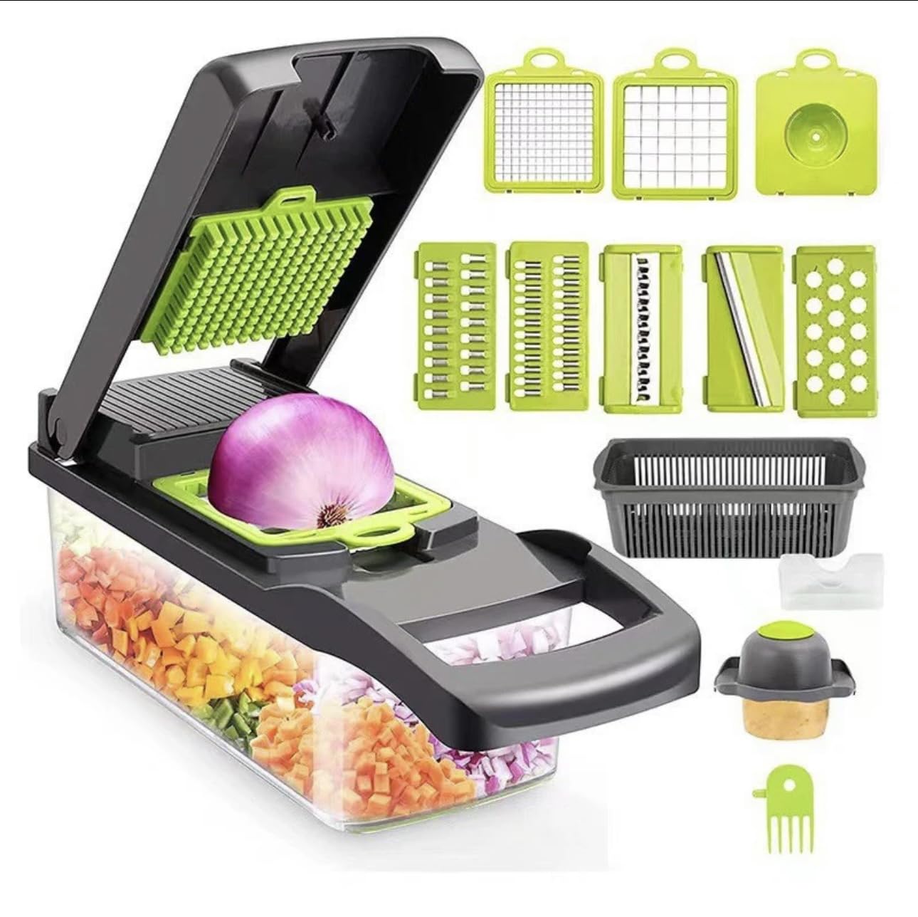 15-in-1 Multifunctional Vegetable Chopper with 8 Blades - Onion & Garlic Cutter, Slicer, Dicer & Storage Container for Easy Food Prep - Perfect for Meal Prep, Salads, Stir Fry & Home Cooking