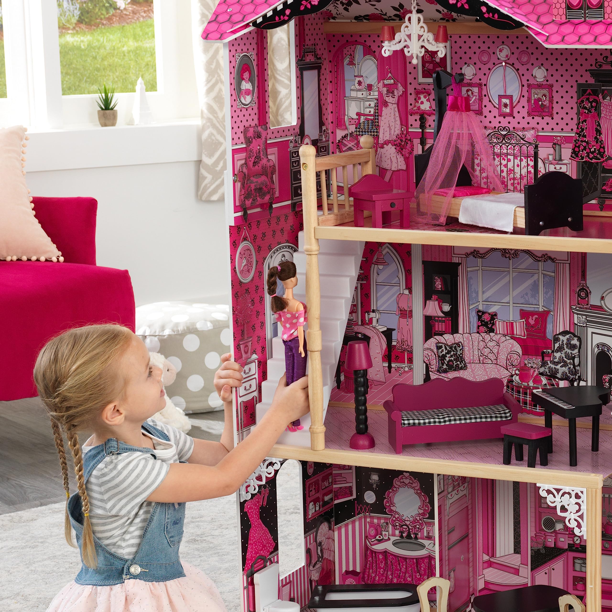 KidKraft Amelia Wooden Dollhouse with Elevator & Balcony - 15-Piece Furniture Accessories Set, Pink Playhouse for Girls Ages 3+ | Perfect for Pretend Play, Birthday Gifts & Nursery Decor