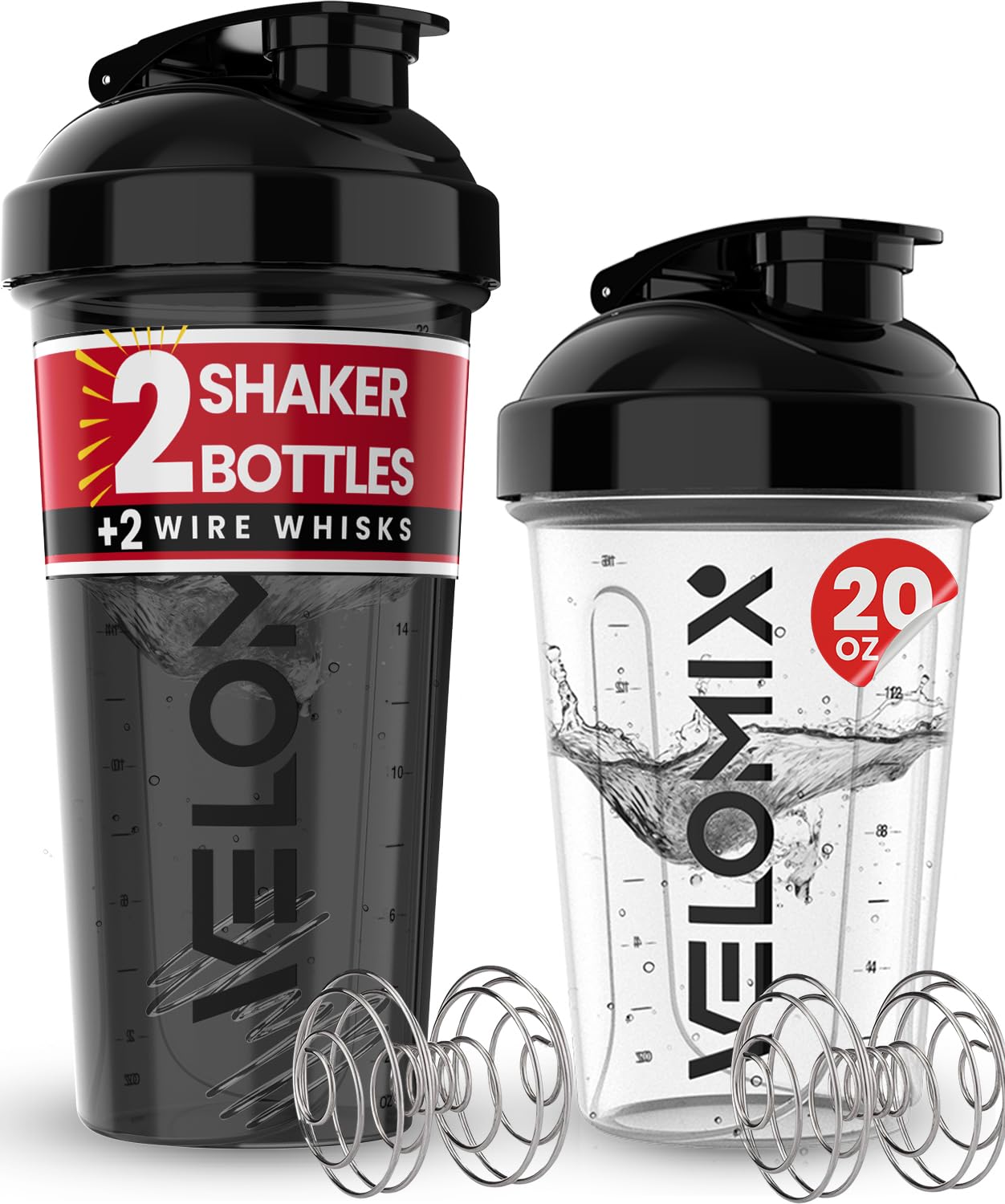 2-Pack 20oz & 28oz Protein Shaker Bottles with Wire Whisk - Leakproof Gym Shaker Cups for Protein Powder, Pre Workout & Weight Loss Drinks - Perfect for Bodybuilding, Fitness & Post-Workout Recovery