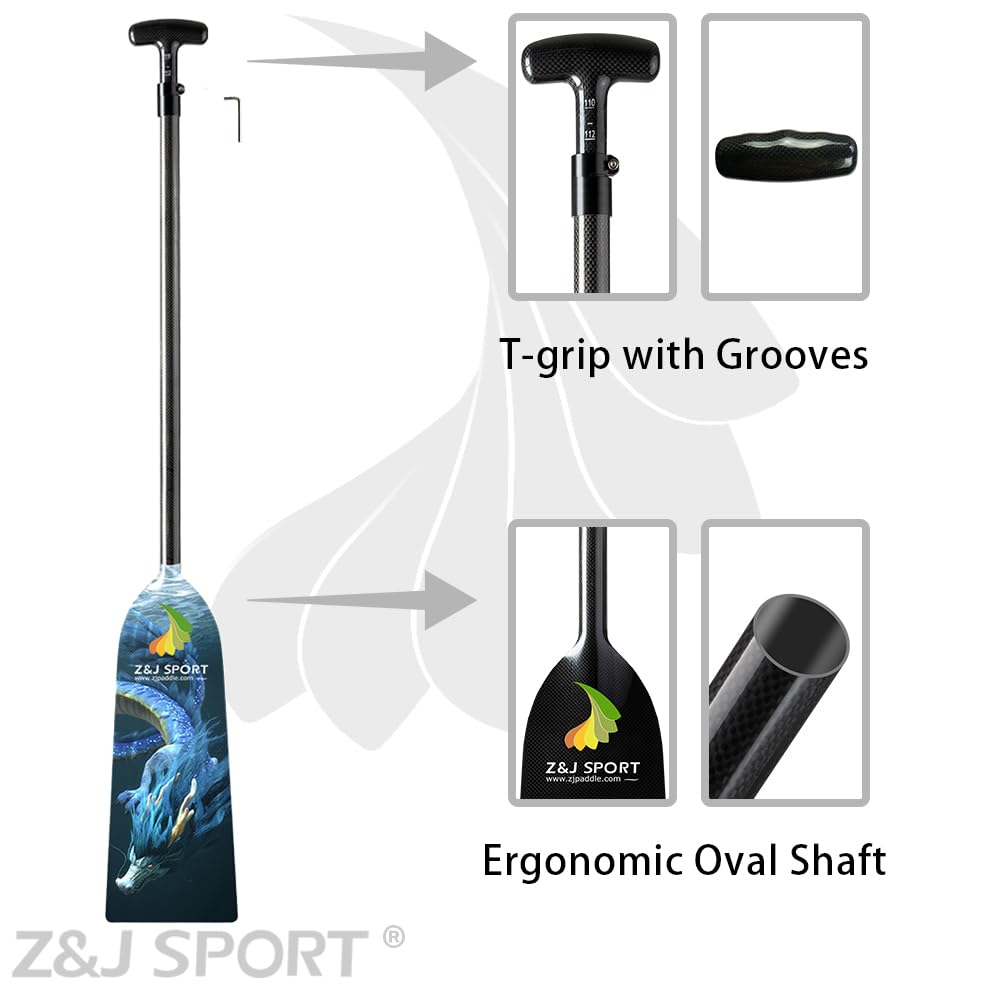 **Z&J SPORT IDBF Approved Carbon Fiber Adjustable Dragon Boat Paddle - Lightweight Racing Paddle with Dragon Graphic & T-Handle - Perfect for Dragon Boat Racing, Training, and Water Sports**