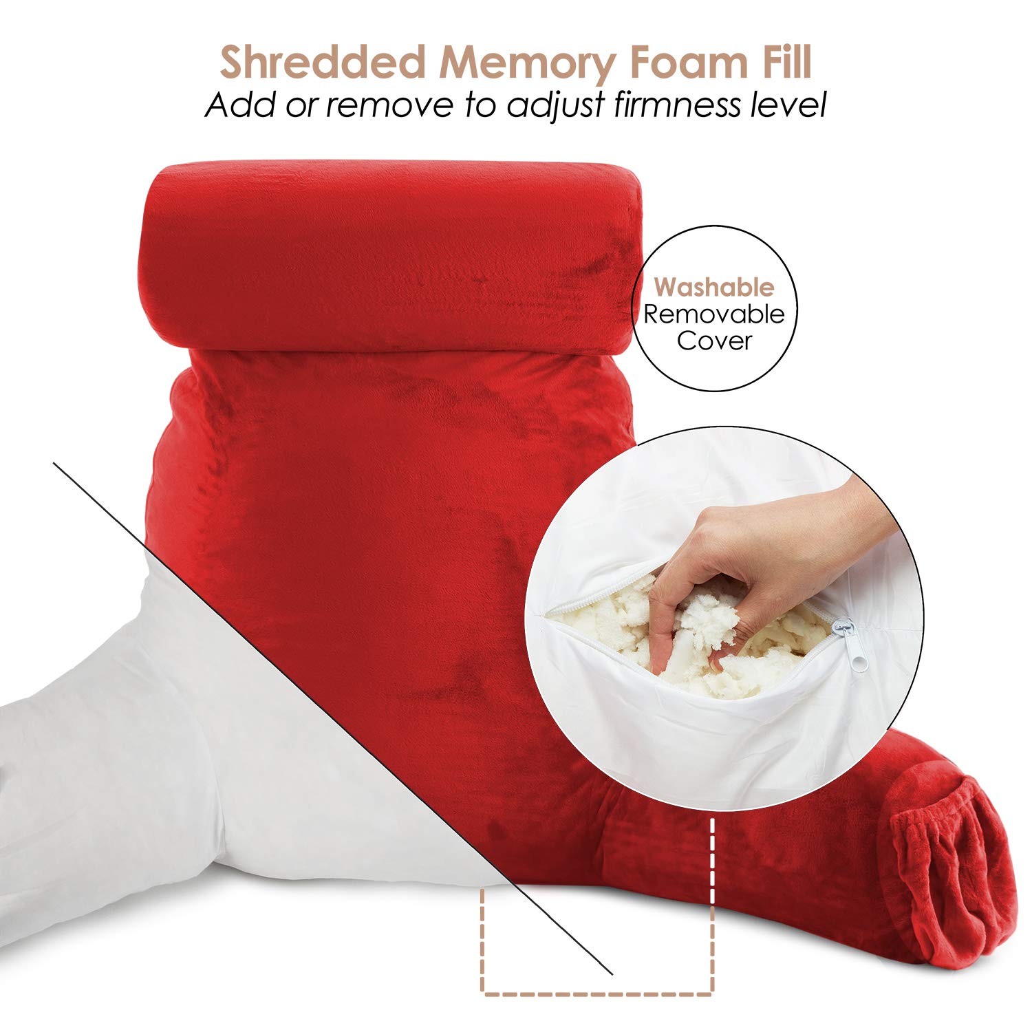 Nestl Reading Pillow Large Bed Pillow - Shredded Memory Foam Back Support Pillow for Sitting in Bed, Reading & Relaxing - Cherry Red Chair Pillow with Pockets - Perfect for Bed Rest, Arm Support & Cozy Reading Nook