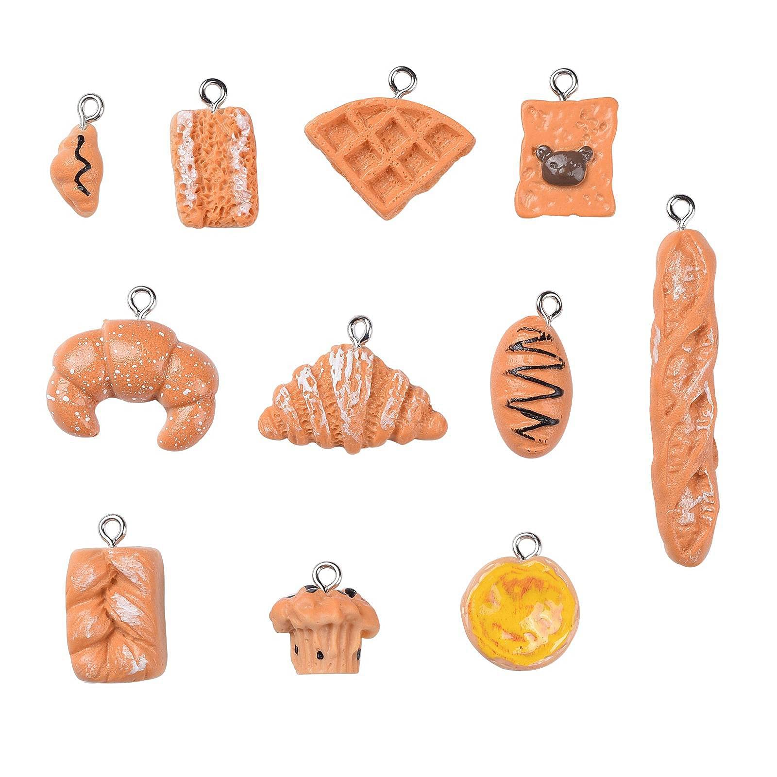 FASHEWELRY 22Pcs Resin Food Charms - 3D Croissant Bread Toast Pendants for DIY Jewelry, Earrings & Keychains - Perfect for Crafting, Gift Making and Kawaii Accessories
