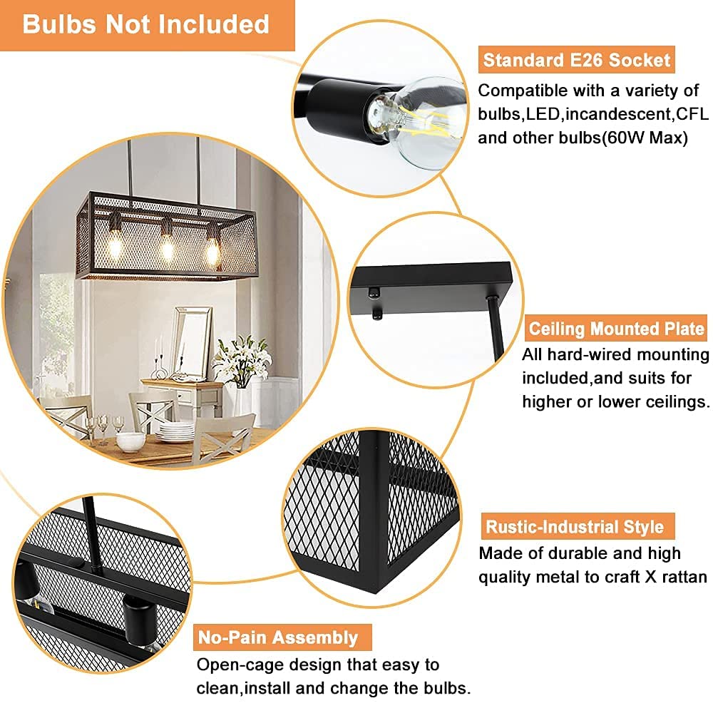 Depuley 3-Light Farmhouse Chandelier - Adjustable Metal Mesh Pendant Light for Kitchen Island, Dining Room, Living Room, Bar & Restaurant | Rustic Industrial Lighting Fixture for Home Decor & Commercial Spaces