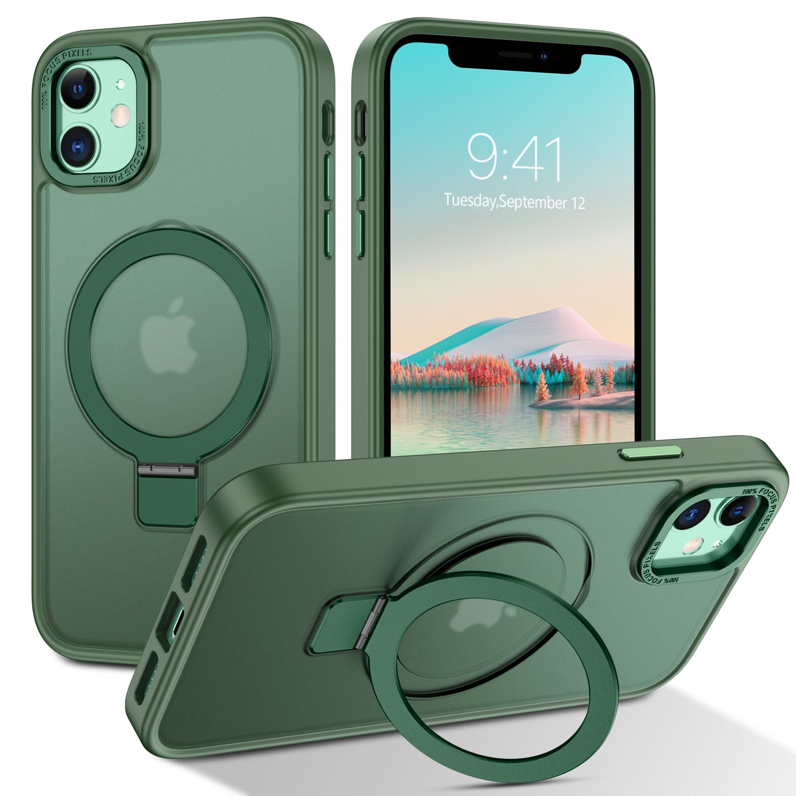 DUEDUE Magnetic Phone Case Compatible with iPhone 11 - MagSafe Case with Ring Holder Stand | Shockproof Translucent Matte Cover | 6.1 Inch Green Bumper | Perfect for Work, Travel & Everyday Protection