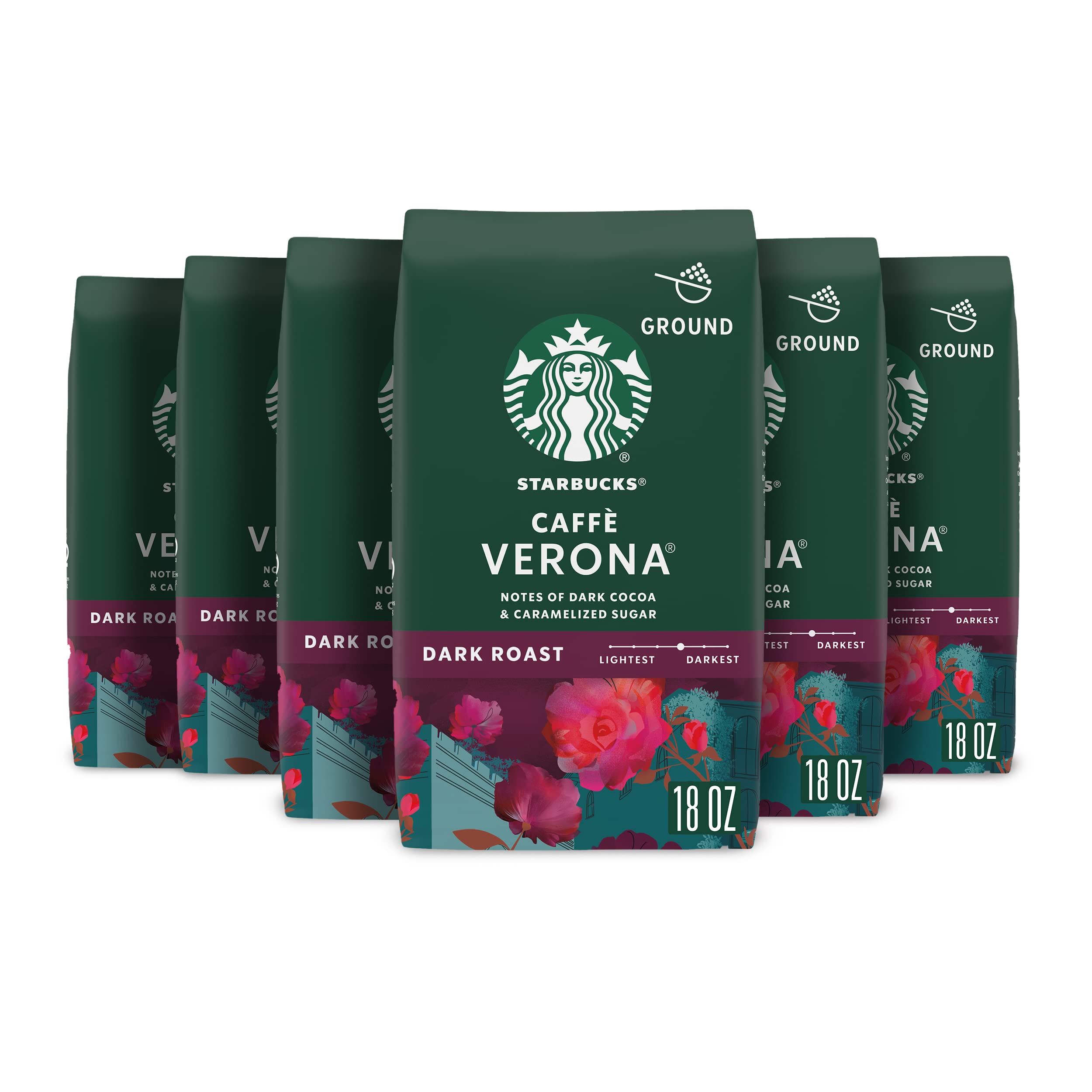 Starbucks Dark Roast Caffè Verona Ground Coffee - 100% Arabica, 6 Pack (18 oz Each) - Perfect for Home Brewing, Office Use & Gifts