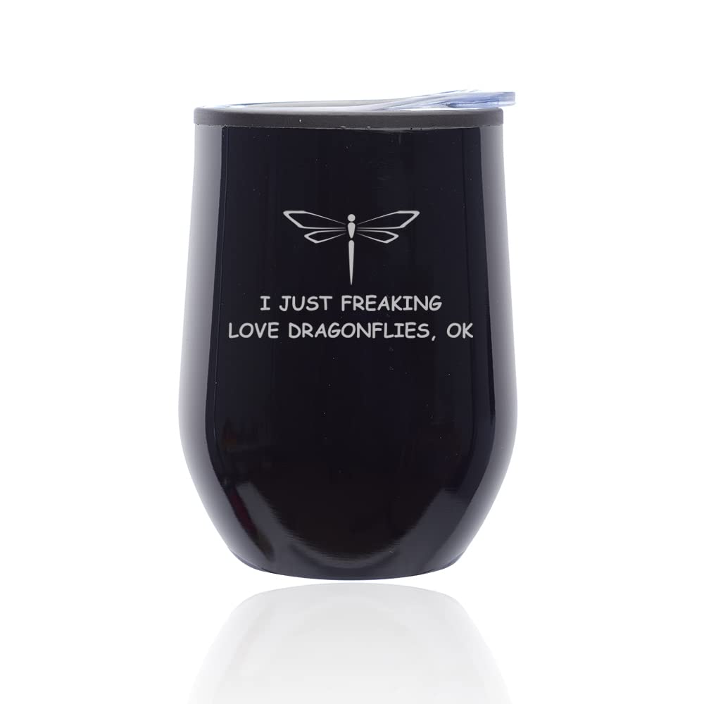 Stemless Wine Tumbler with Lid - Insulated Coffee Travel Mug Glass - Funny 'I Just Freaking Love Dragonflies' Design (Black Midnight) - Perfect for Wine Lovers, Coffee Drinkers & Outdoor Adventures