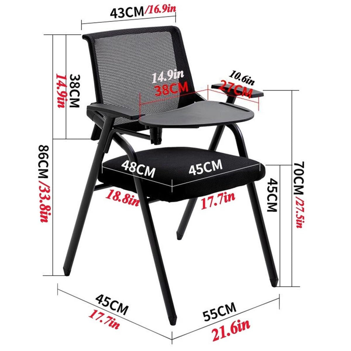 Ergonomic Folding Desk Chair for Small Spaces - Adjustable Mesh Office Chair with Steel Frame, Armrests, Writing Board & Cup Holder - Perfect for Home Office, Study & Student Use (Orange)