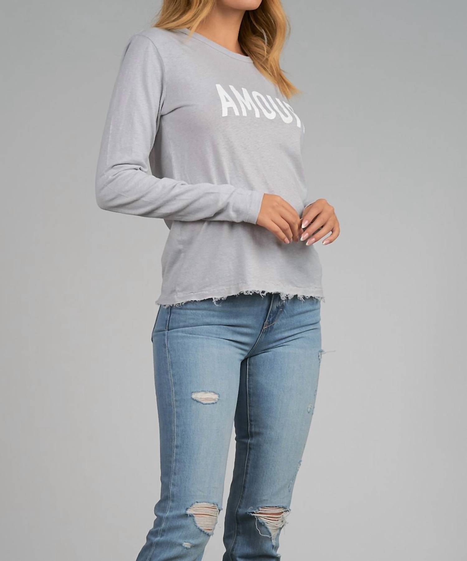 Amour Long Sleeve Graphic Tee - Light Grey Cotton T-Shirt for Men & Women | Casual Wear, Street Style, Everyday Outfit