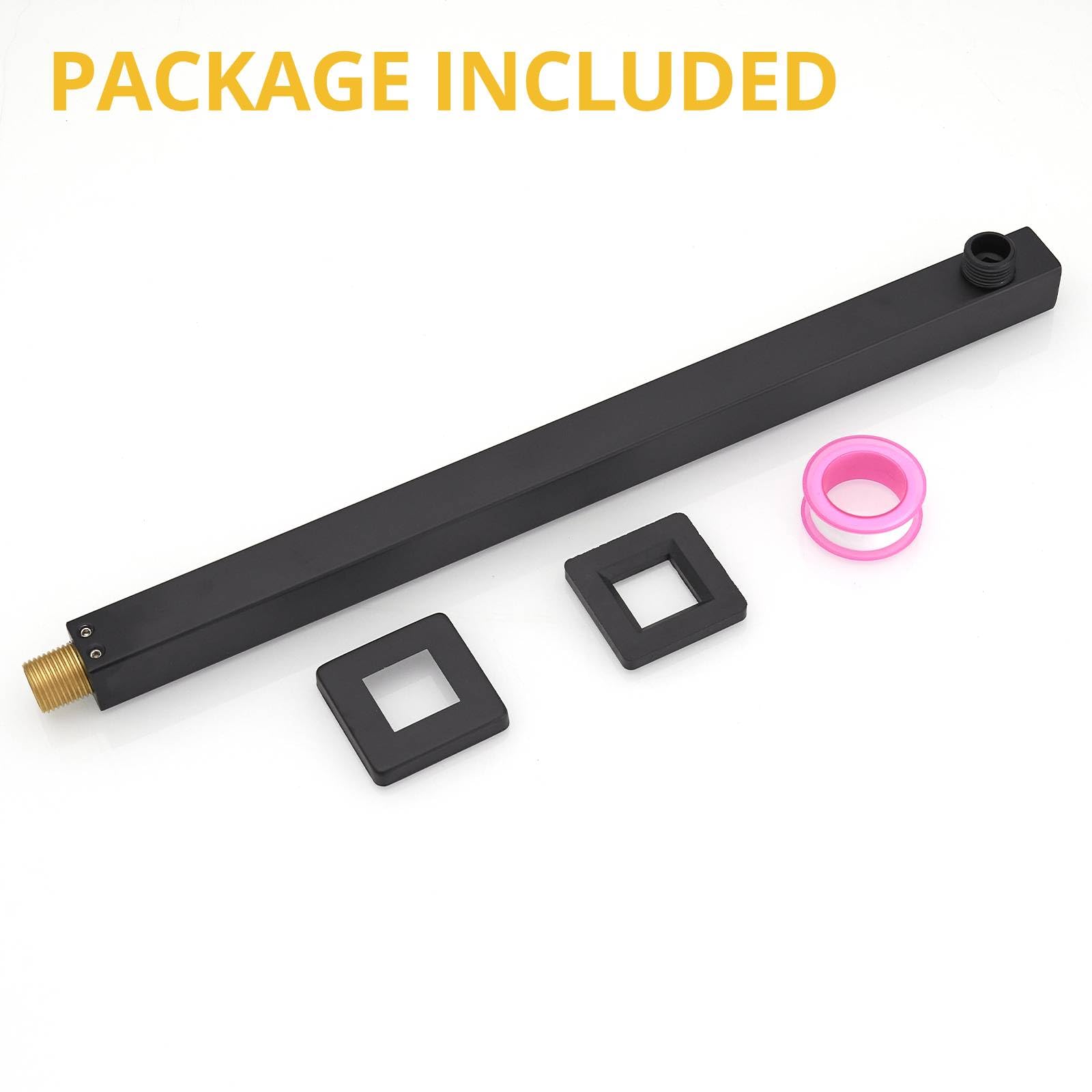 BESy 20 Inch Straight Extended Shower Arm with Flange - Matte Black Stainless Steel Wall Mounted Rain Shower Head Extension Arm for Square Shower Rod - Perfect for Modern Bathroom Renovation & Spa-Like Shower Experience