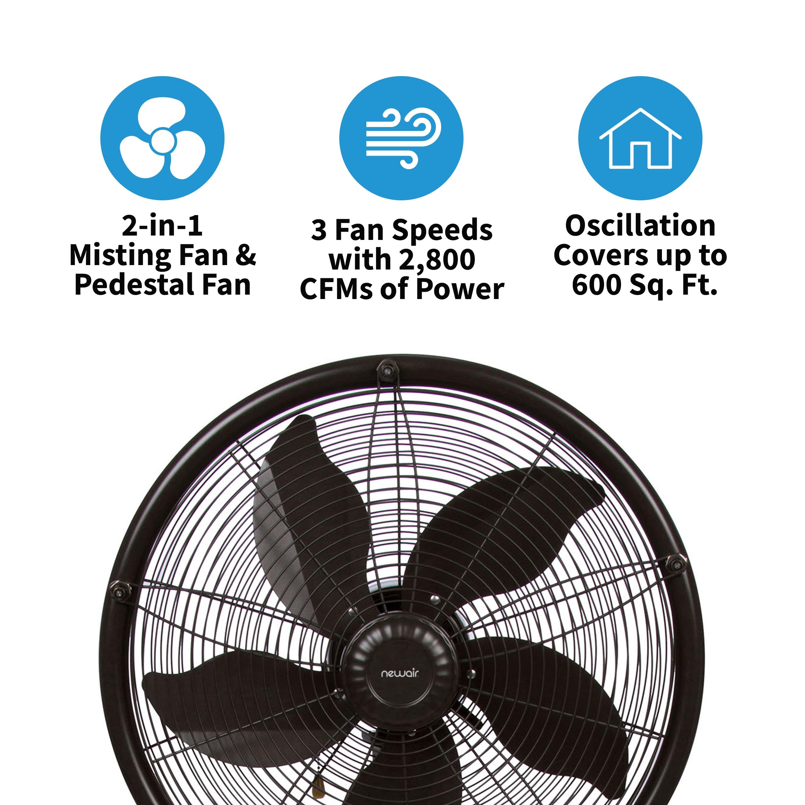 Newair® 2800 CFM Outdoor Misting Pedestal Fan - High Power Cooling Fan with Water Spray for Patio, Poolside, Backyard, and Deck Use