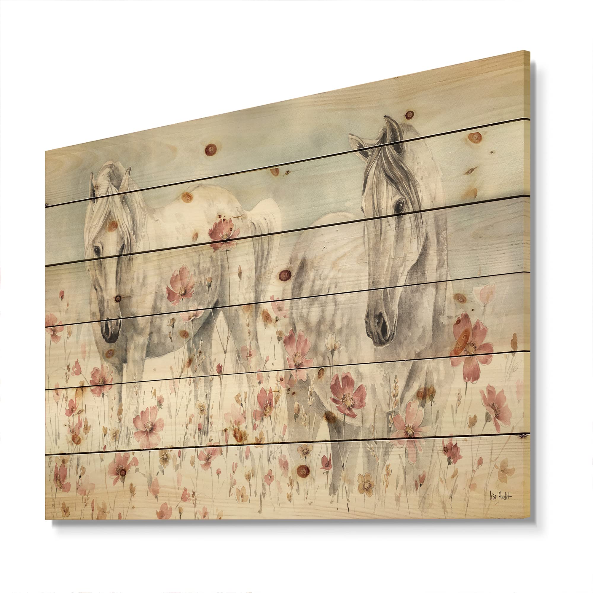 Pink Wild Horses Watercolor Wall Art - Traditional Wood Wall Decor, Grey Wood Panel with Large Animal Print on Natural Pine - Perfect for Living Room, Bedroom, or Office Decor