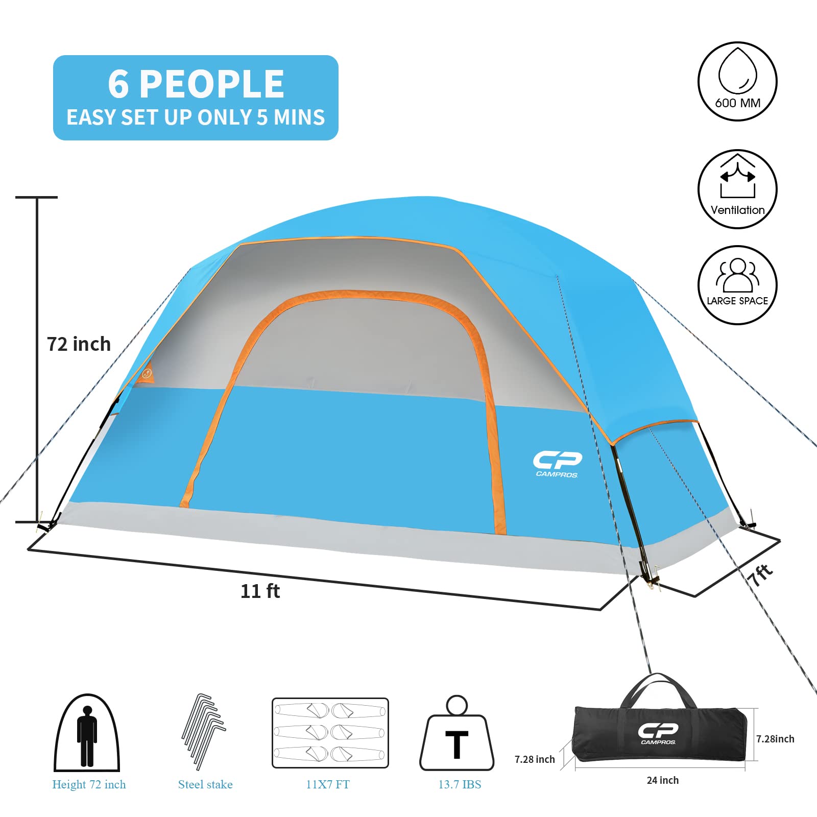 CAMPROS CP Tent - 3/4/6/8 Person Waterproof Camping Tent with Rainfly, Windproof Family Dome Tent, Large Mesh Windows & Wide Door for Easy Setup | Portable with Carry Bag | Perfect for Family Camping, Hiking & Outdoor Adventures