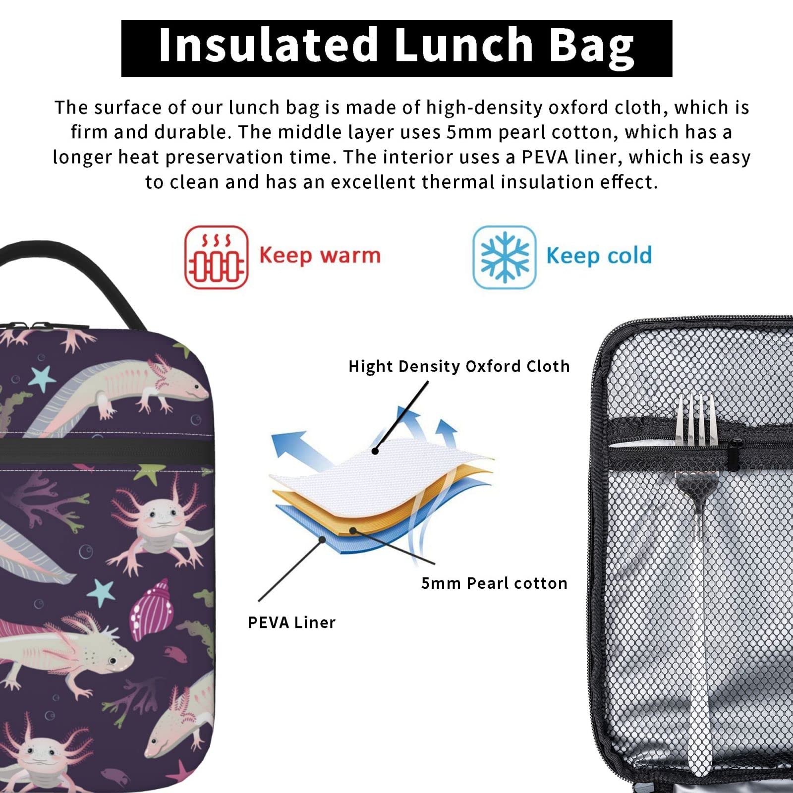 Insulated Reusable Axolotl Lunch Box - Thermal Cooler Tote for School, Work, Beach & Travel - Perfect for Kids, Men & Women