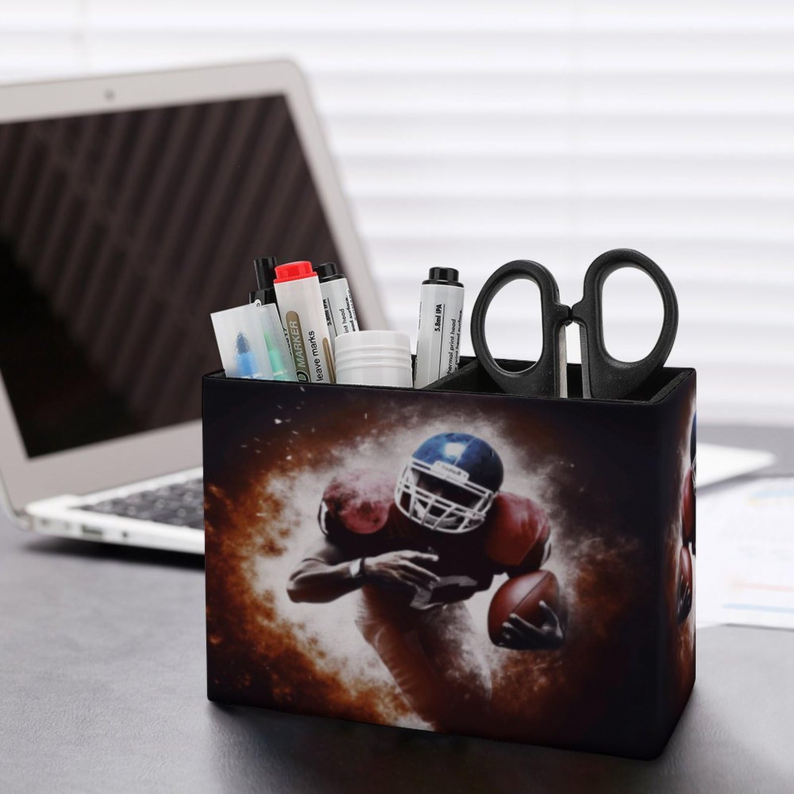 YJWANDO Leather Pen Holder with American Football Print - Premium Office Desk Organizer & Pen Cup for Pencils, Pens & Markers - Perfect Desk Accessory for Home, Office & School Organization