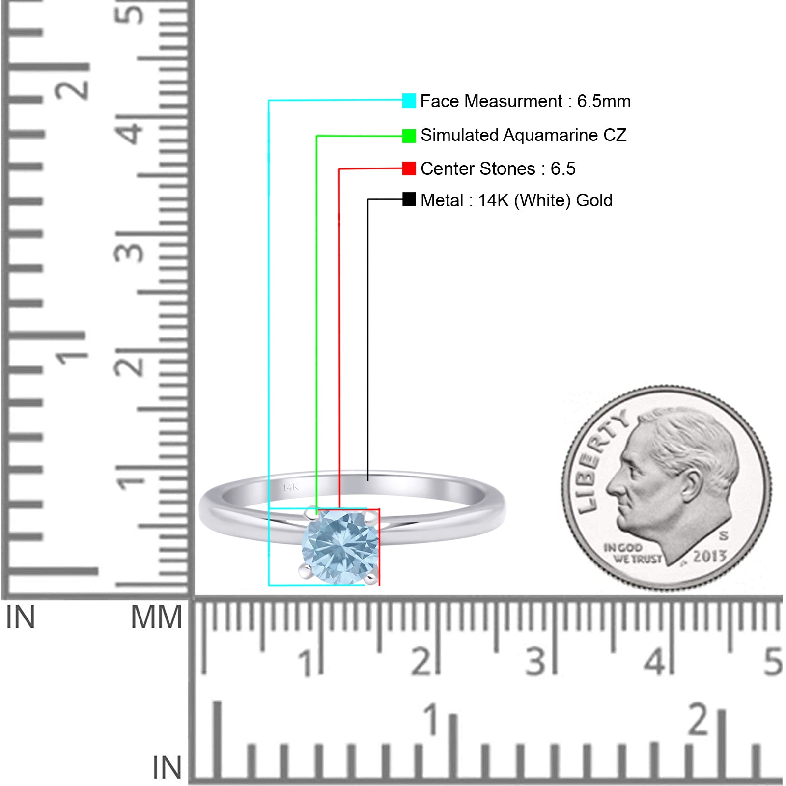 14K White Gold Minimalist Round Aquamarine CZ Solitaire Ring - Elegant Dainty Jewelry for Women, Perfect for Engagement, Wedding, Anniversary & Everyday Wear