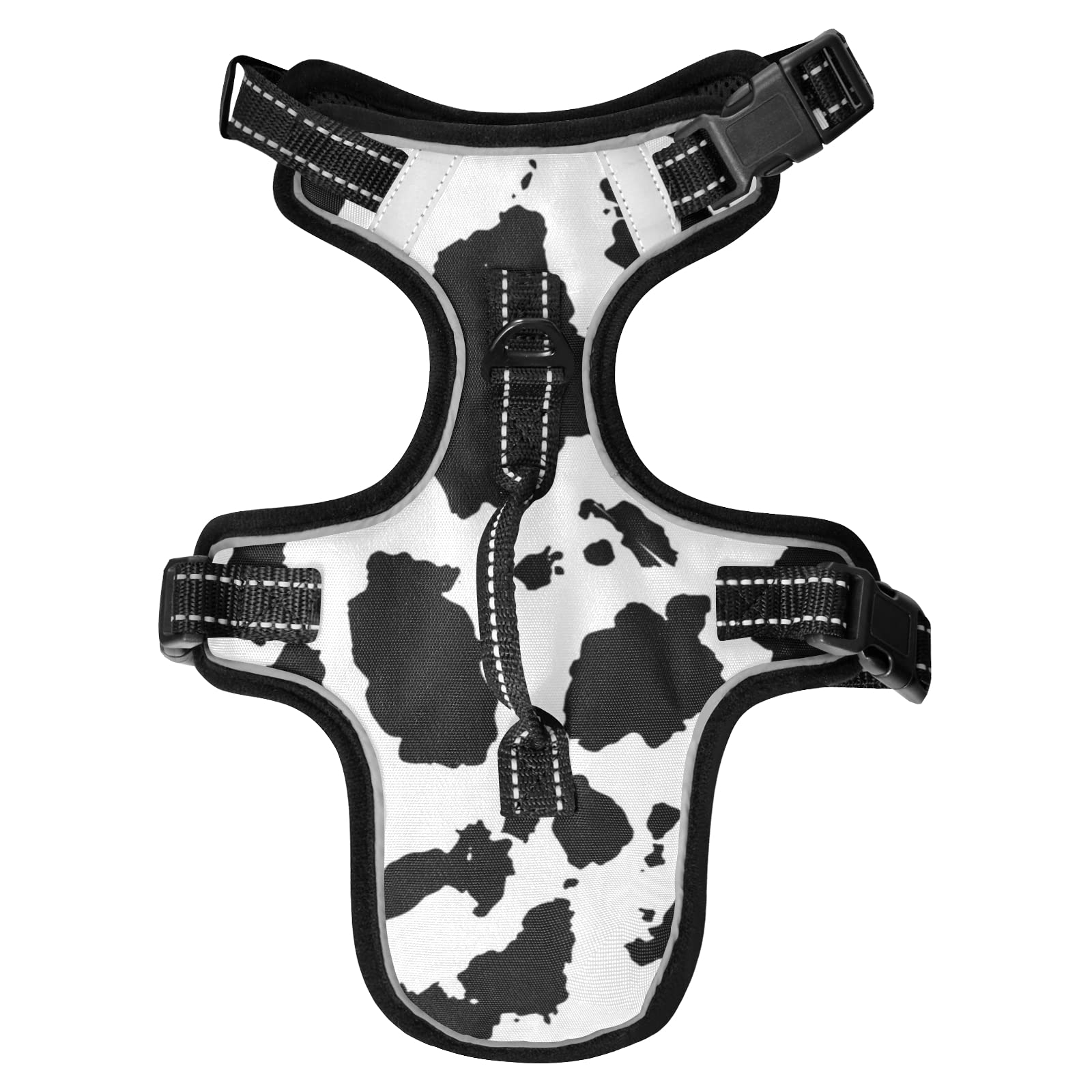Black and White Cow Print Reflective Adjustable No-Pull Pet Harness with Leash Clips & Easy Control Handle - Anti-Slip Dog/Cat Vest for Walking, Running & Outdoor Adventures