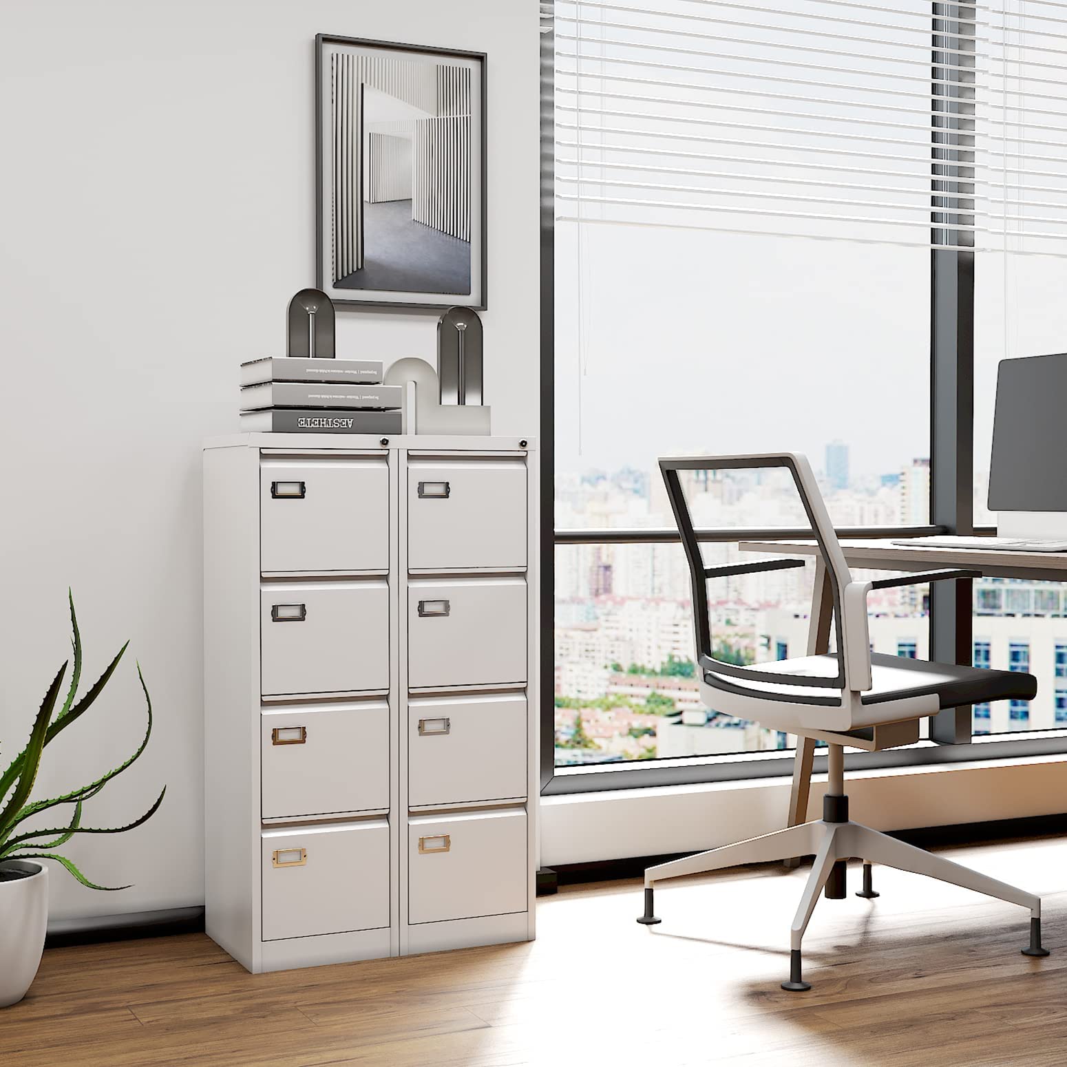 Yizosh 4-Drawer White Locking File Cabinet - Metal Vertical Office Storage Cabinet for Legal/A4 Documents - Secure Home & Office Filing Organizer with Locking Drawers - Perfect for Document Organization in Small Spaces, Home Offices & Professional Workplaces