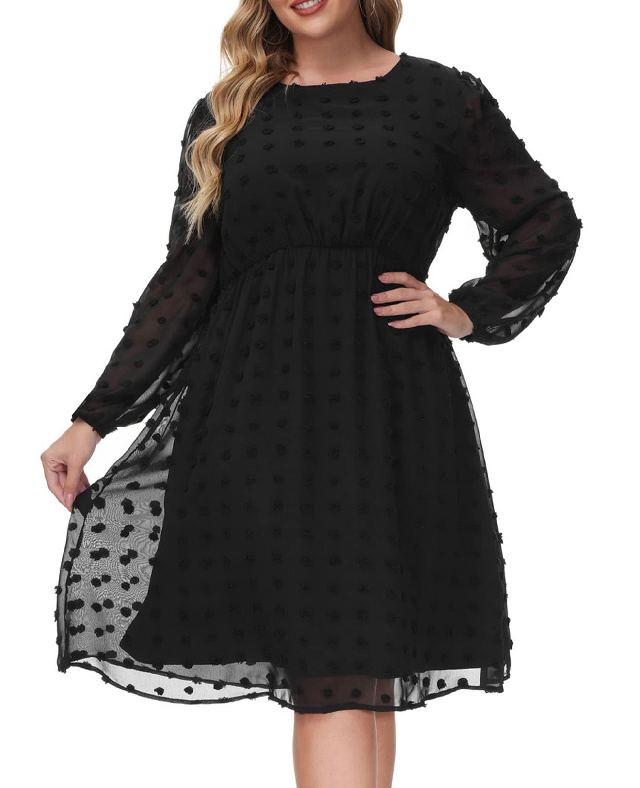 Elegant Plus Size Women's Dot Chiffon Midi Dress with Lantern Sleeves for Casual Wear, Party & Special Occasions | Flowy Long Dress for Curvy Women