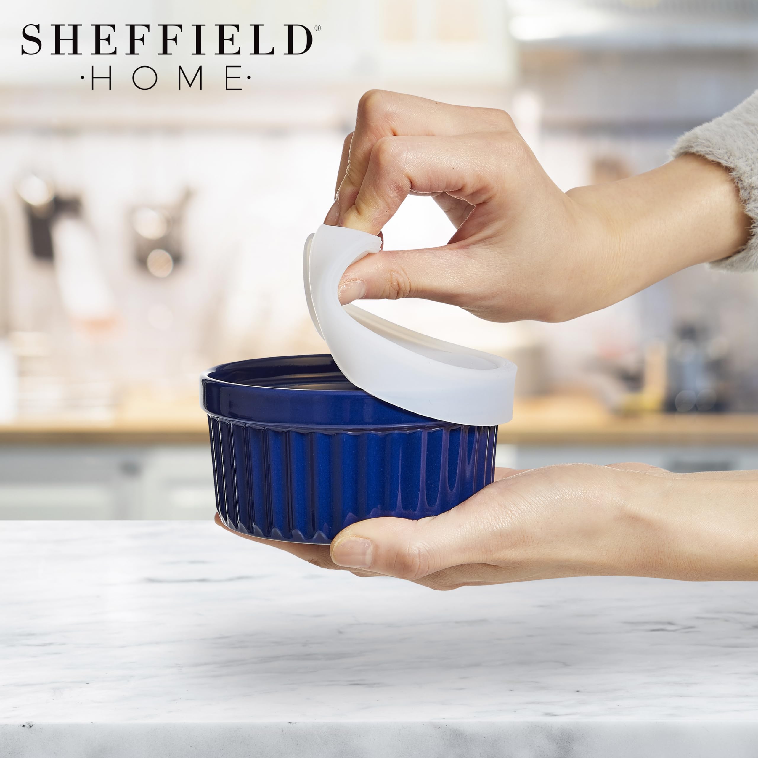 Sheffield Home 6-Piece Ceramic Ramekin Set (8oz) - Oven, Microwave & Dishwasher Safe Bowls with Silicone Lids - Perfect for Baking Creme Brulee, Souffle, Pudding & Desserts - Blue Kitchen Essentials for Home Bakers & Cooking Enthusiasts