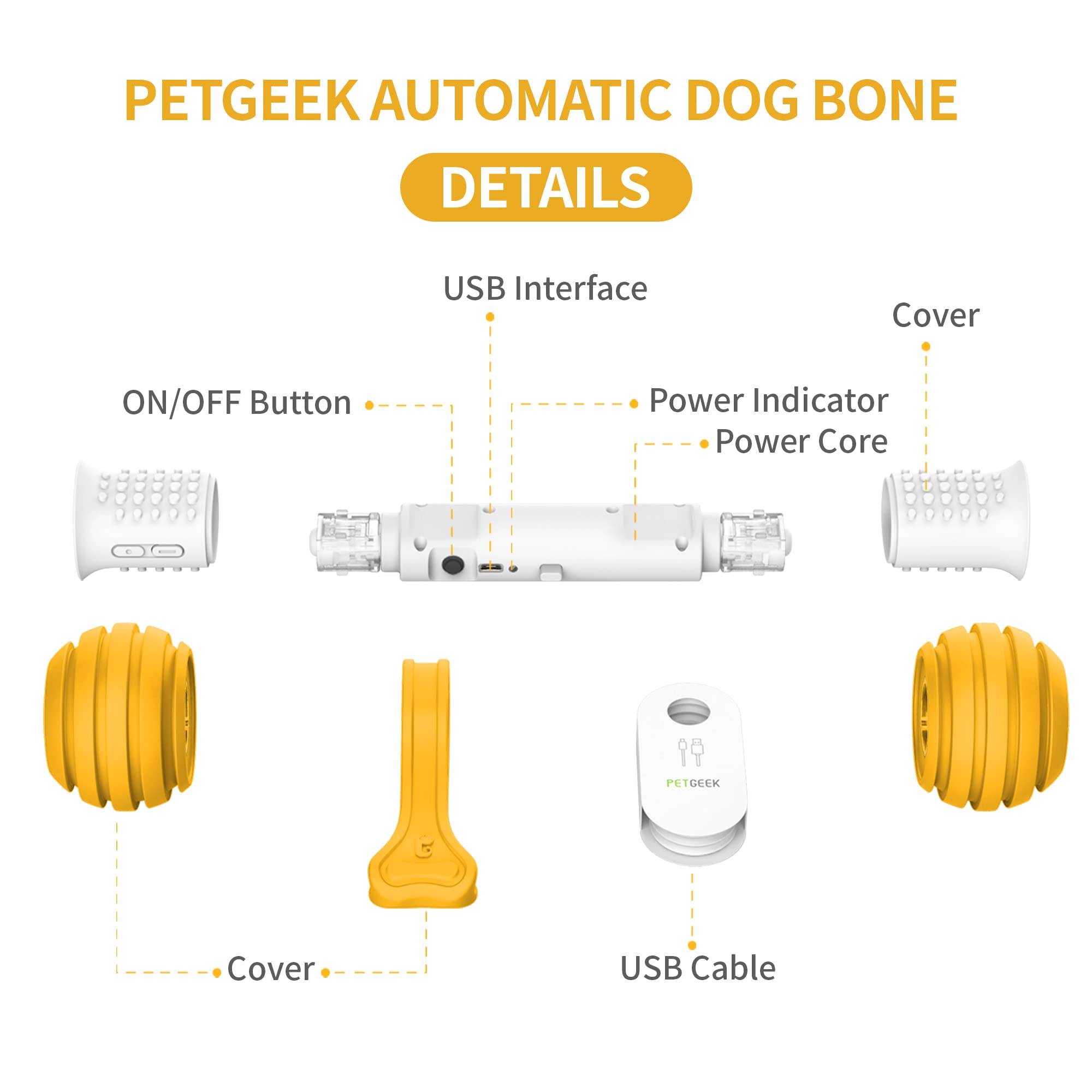 PETGEEK Interactive Dog Toys - Automatic Electronic Dog Bones with Safe & Durable Material, USB Rechargeable for Small & Medium Dogs - Keep Your Pet Entertained Indoors & Outdoors (Yellow)
