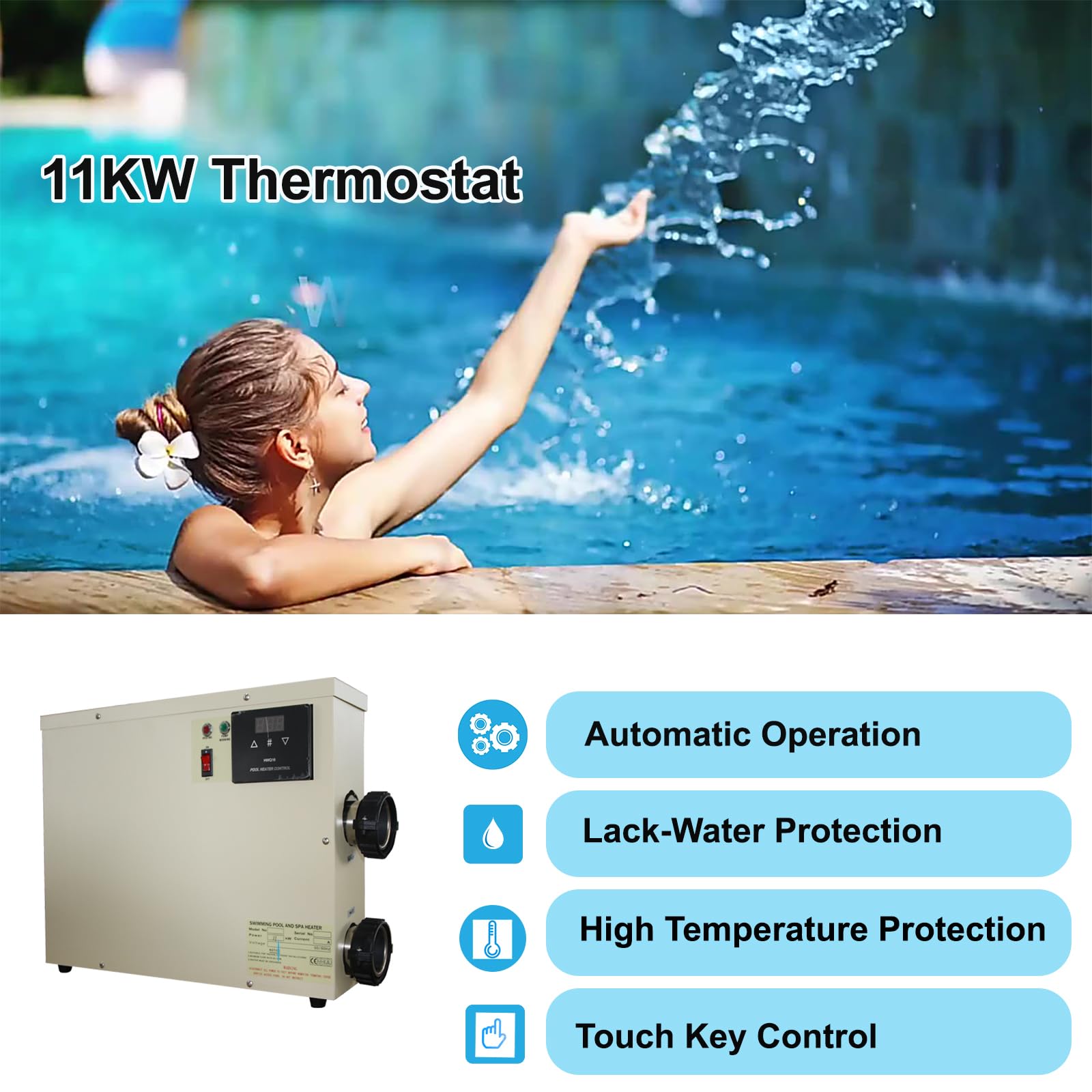 11KW 220V Electric Pool Heater with Digital Thermostat & Touch Display - Energy Efficient Swimming Pool Water Heater for Spas, Bathtubs, In-Ground & Above Ground Pools - Perfect for Year-Round Swimming Comfort