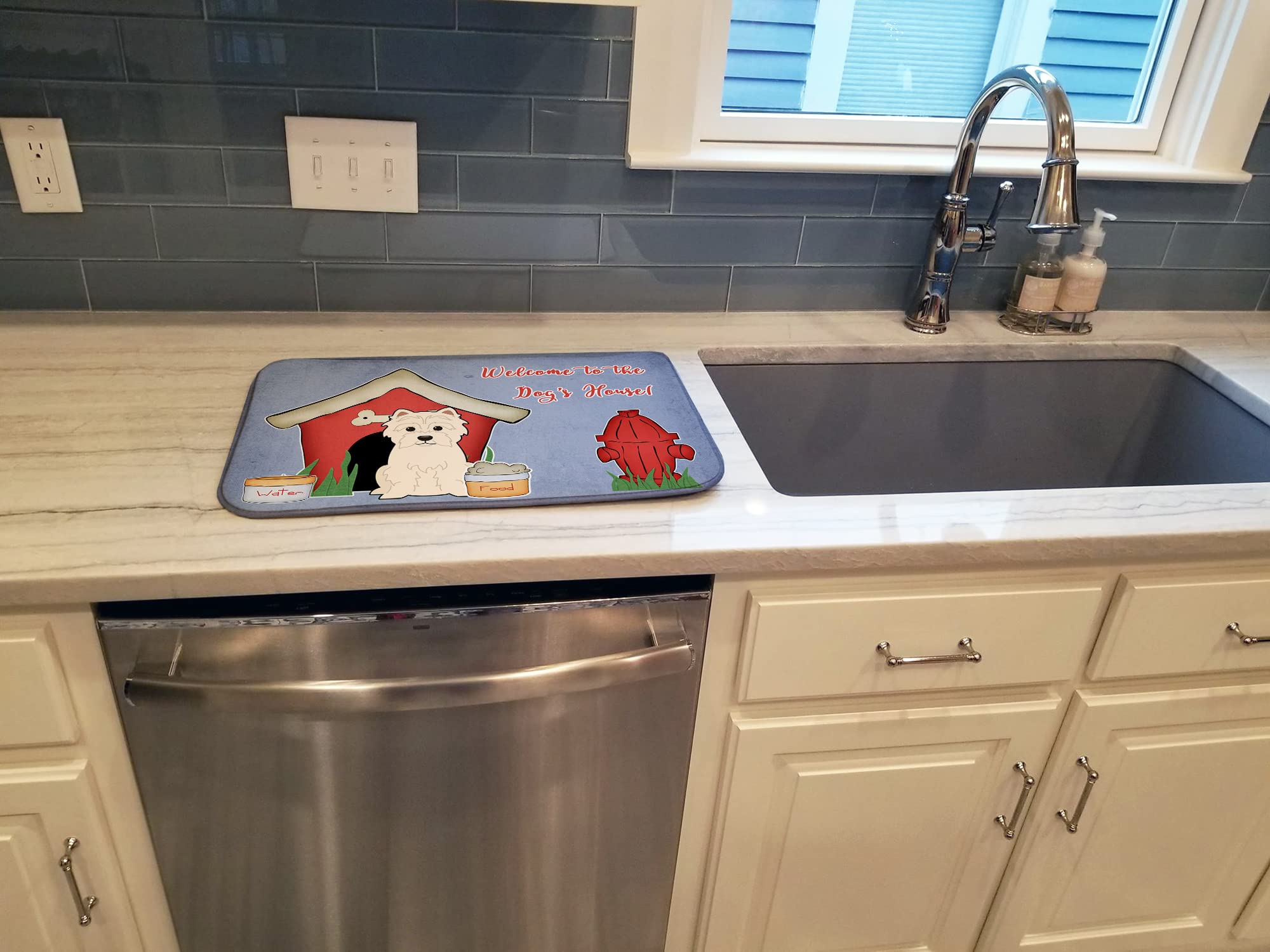 Westie Dog House Dish Drying Mat - Absorbent Kitchen Counter Pad, 14x21
