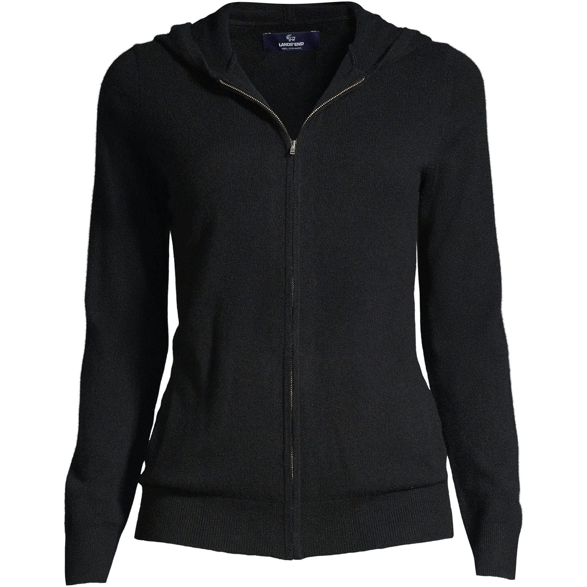 Lands' End Women's Black Cashmere Front Zip Hoodie Sweater - Regular Small | Cozy Winter Wear for Casual Outings & Lounging