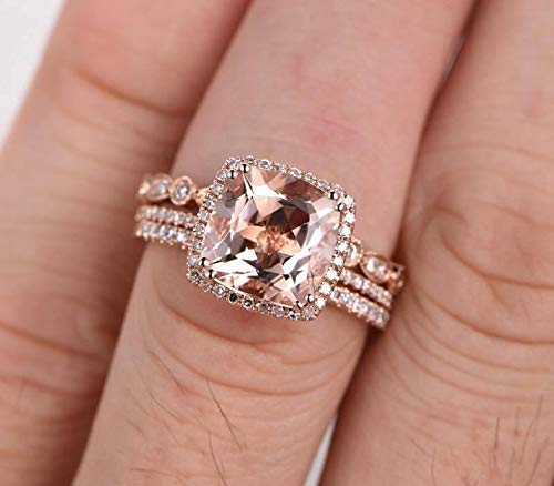 2 Carat Morganite & Diamond Trio Wedding Ring Set in 18K Gold Plating – Elegant Bridal Jewelry for Engagement, Anniversary & Special Occasions