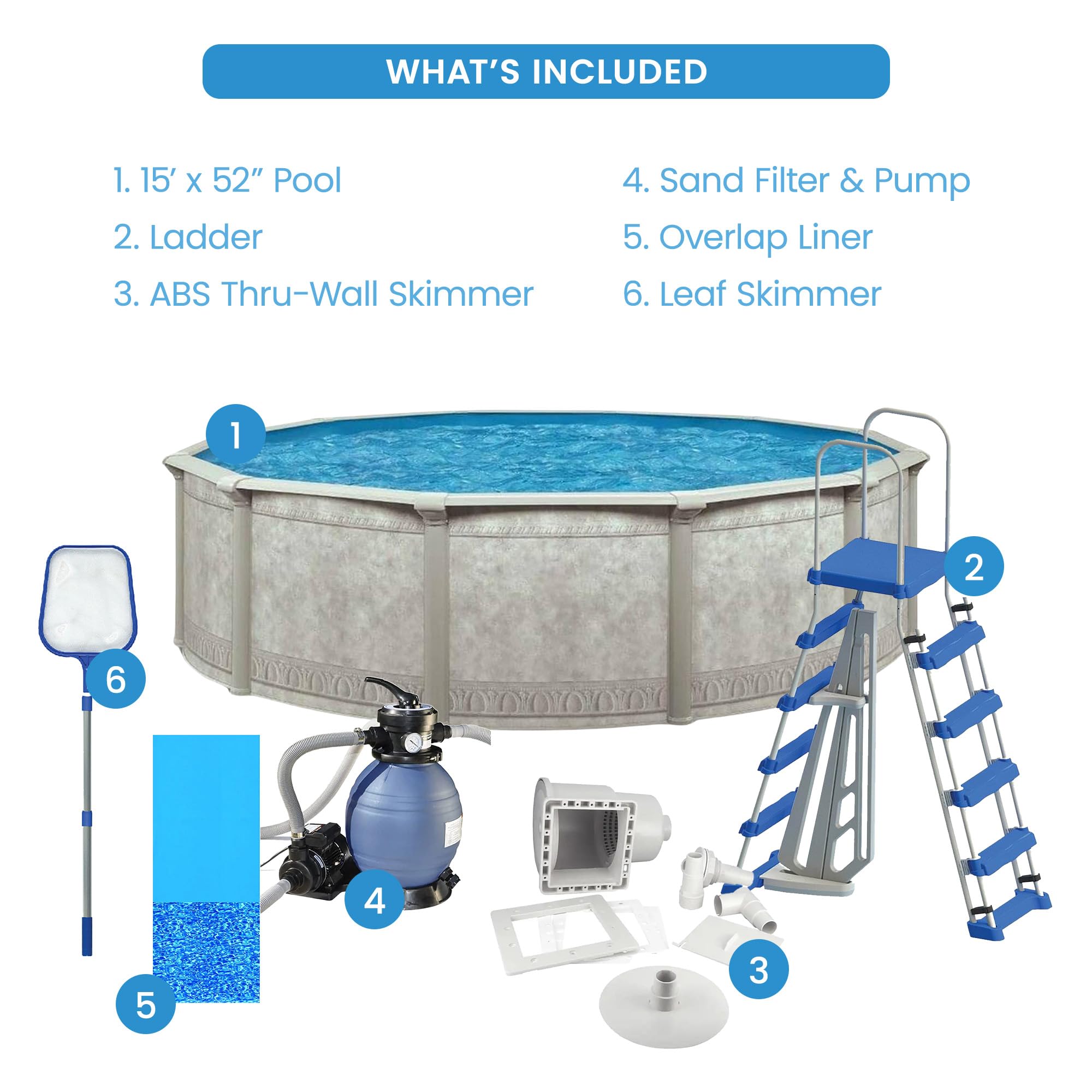 15' Aquarian Steel-Frame Above Ground Pool Kit with Pump & Leaf Skimmer - Venetian Style | Perfect for Backyard Swimming, Family Fun & Summer Relaxation