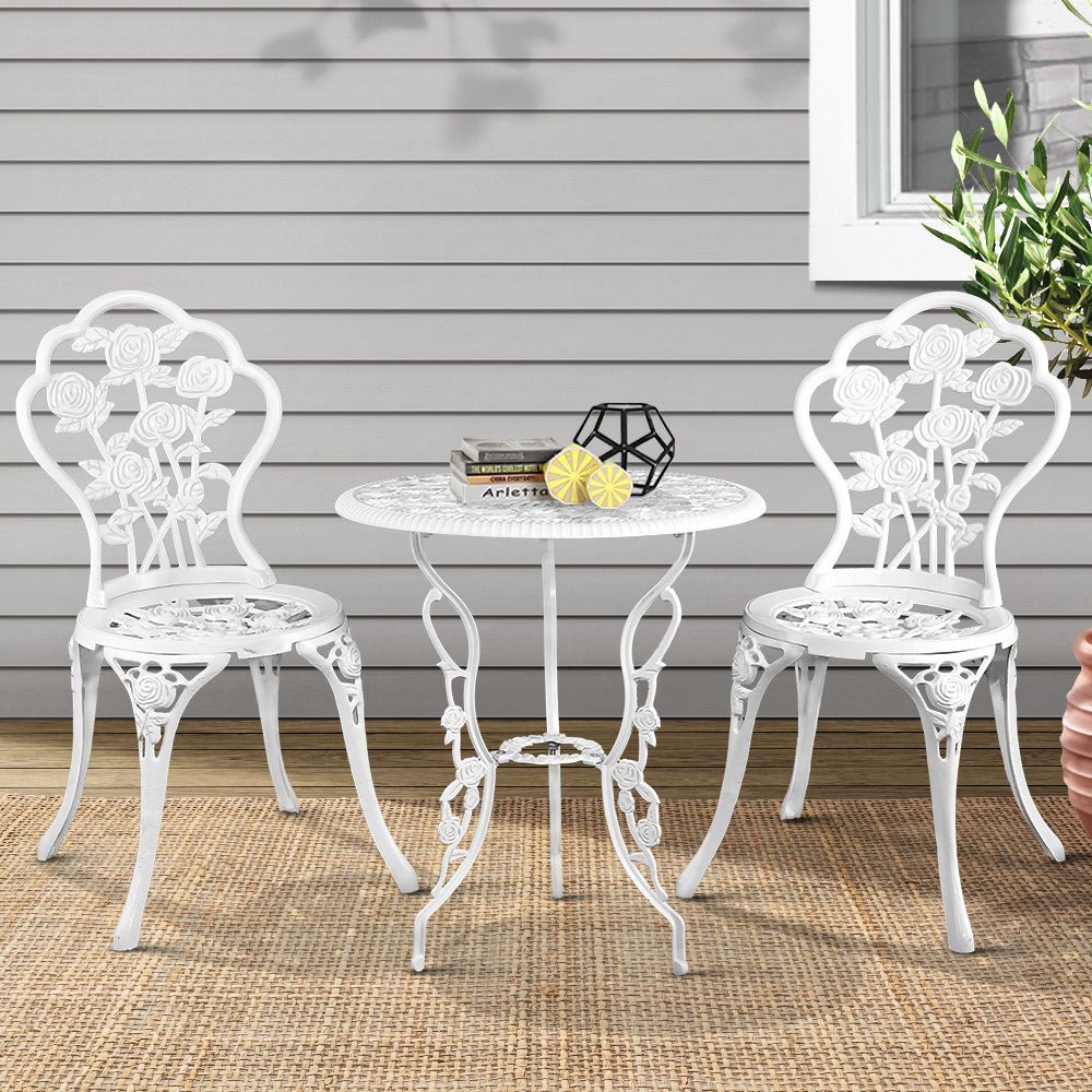 3-Piece Outdoor Bistro Set with Chairs and Table - Durable Cast Aluminum Patio Furniture in Rose White - Perfect for Garden, Balcony, and Backyard Relaxation