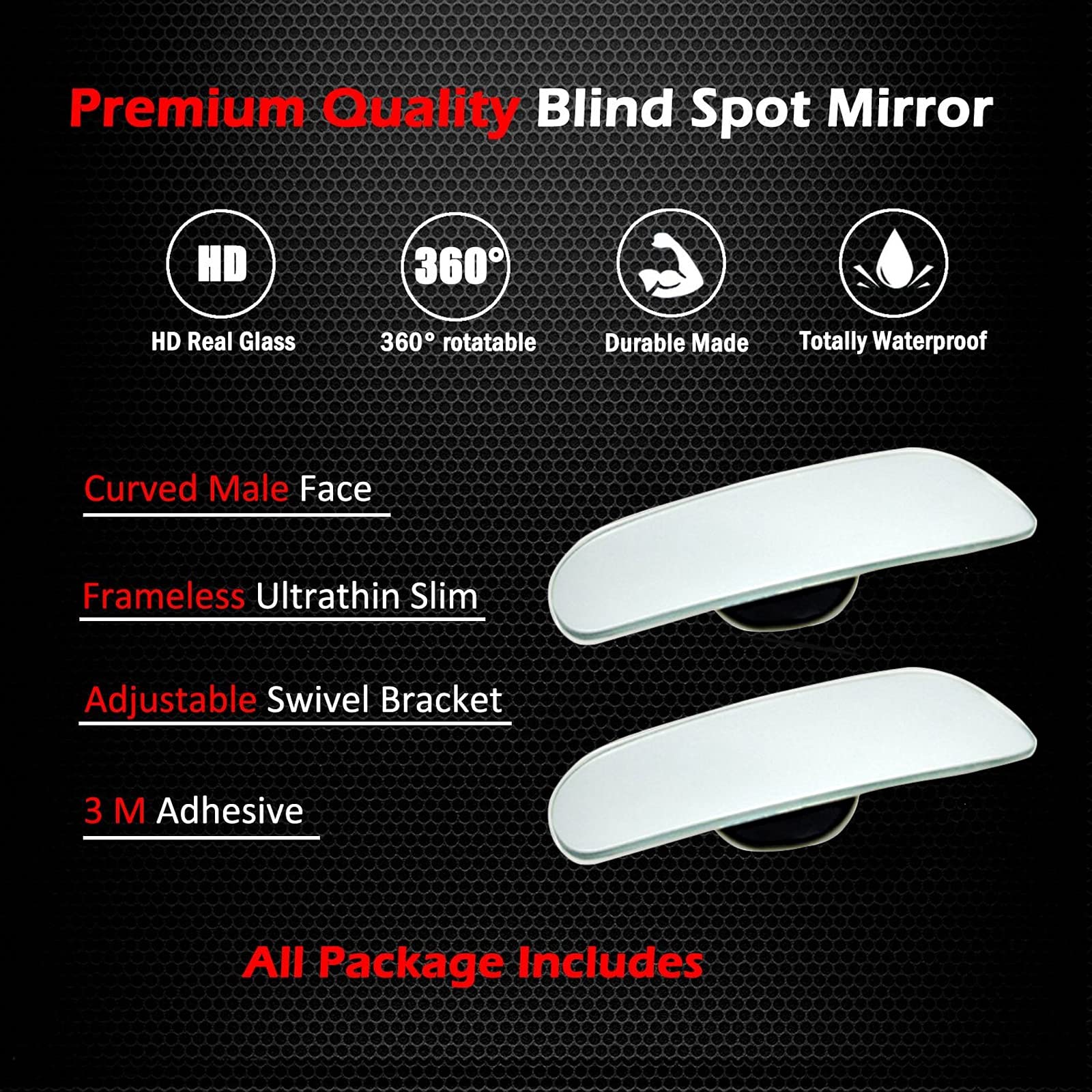 HD Glass Blind Spot Mirror - Convex Sickle Shape for 360° Adjustment, Wide Angle Rear View Mirror (1 Pair) - Perfect for Trucks, SUVs & Cars to Eliminate Blind Spots