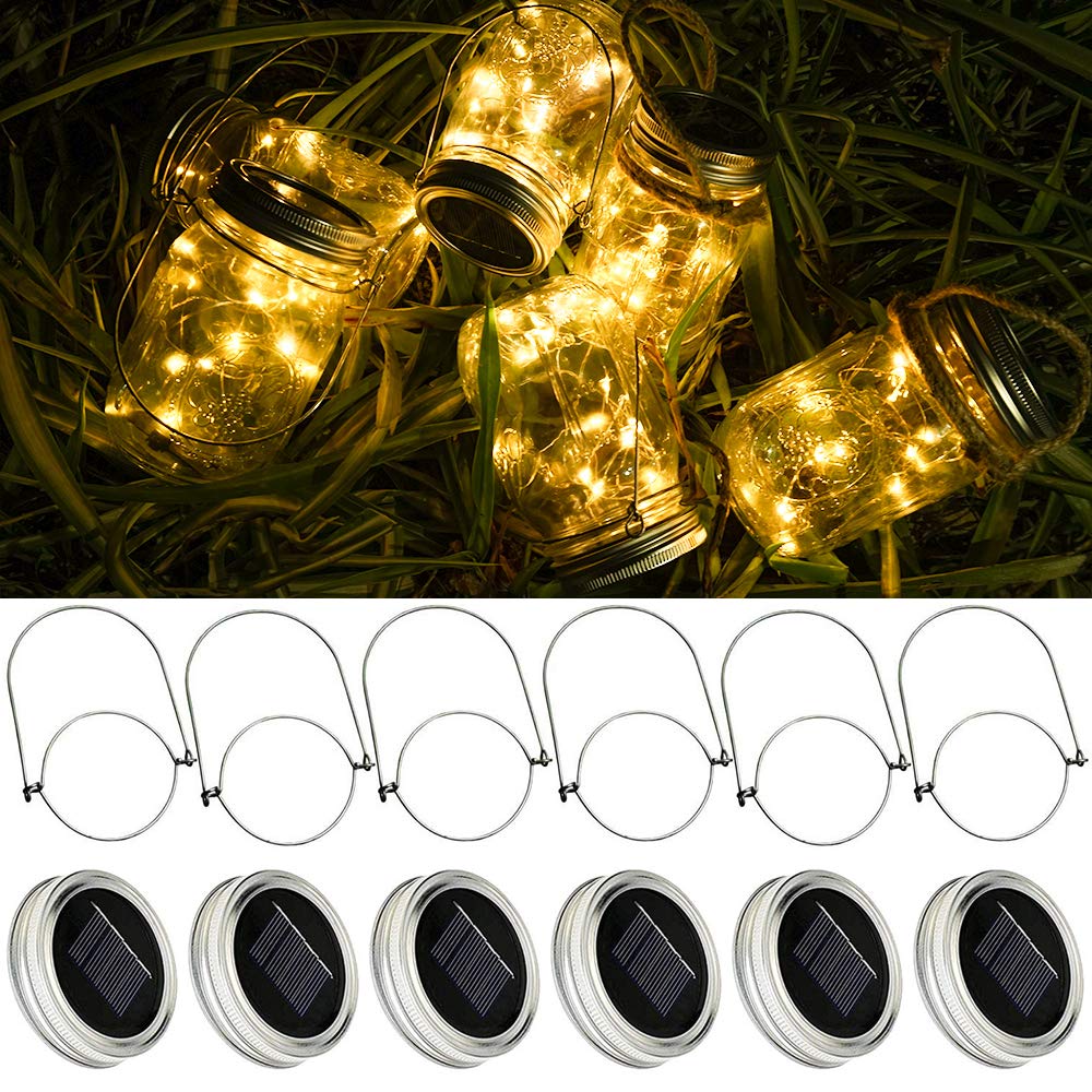 SunKite Solar Mason Jar Lid Lights [Updated 2023] - 6 Pack 15 LED Waterproof Fairy String Lights with Hooks for Outdoor Decor | Warm White Solar-Powered Firefly Lights for Garden, Patio, Wedding & Easter Decorations