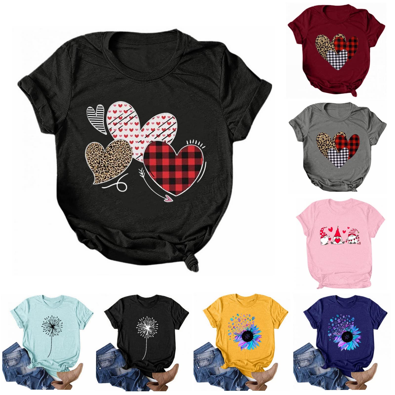 Women's Casual Dandelion Printed Graphic T-Shirt - Cute Valentine Hearts Design, Crewneck Loose Fit Blouse for Everyday Wear | Perfect for Date Nights, Casual Outings & Valentine's Day Gifts