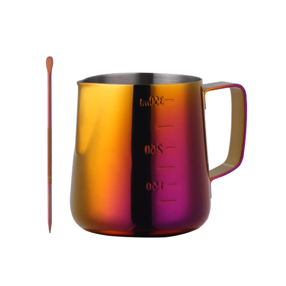 **Meisha 350ml (12oz) Stainless Steel Milk Frothing Pitcher with Decorating Pen - Barista Steaming Pitcher for Coffee, Cappuccino & Latte Art - Orange Red - Perfect for Home & Cafe Use**