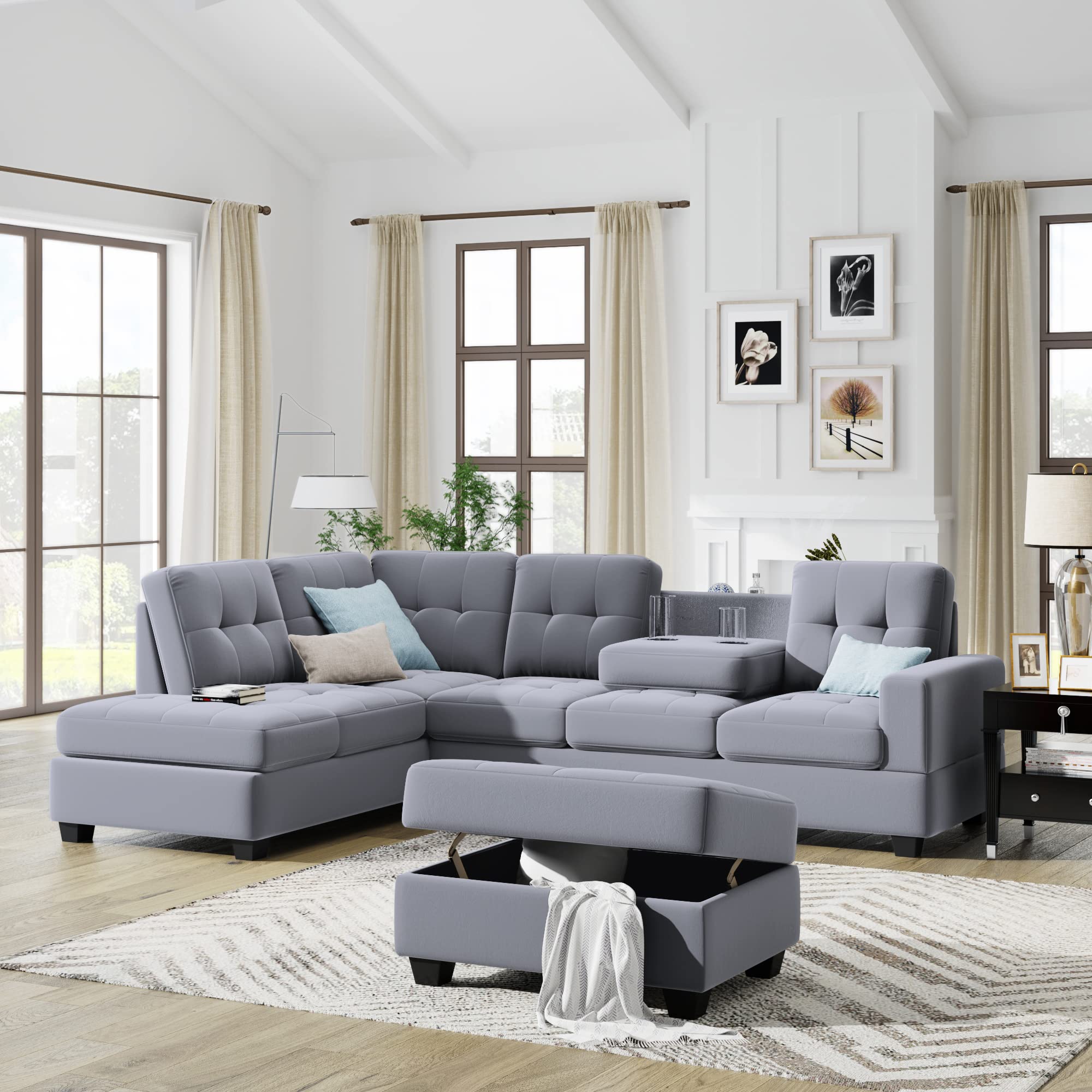 L-Shaped Sectional Sofa with Reversible Chaise, Storage Ottoman & Cup Holders - Modern Living Room Furniture Set in Light Gray | Perfect for Small Spaces, Family Gatherings & Movie Nights
