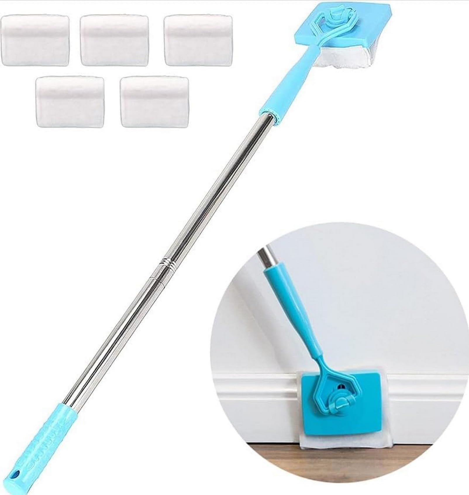 No-Bending Mop Baseboard Cleaner Tool with 5 Reusable Pads - Long Handle Skirting Board & Molding Cleaner for Floors, Walls, Corners - Perfect for Hardwood, Tile & Laminate Cleaning