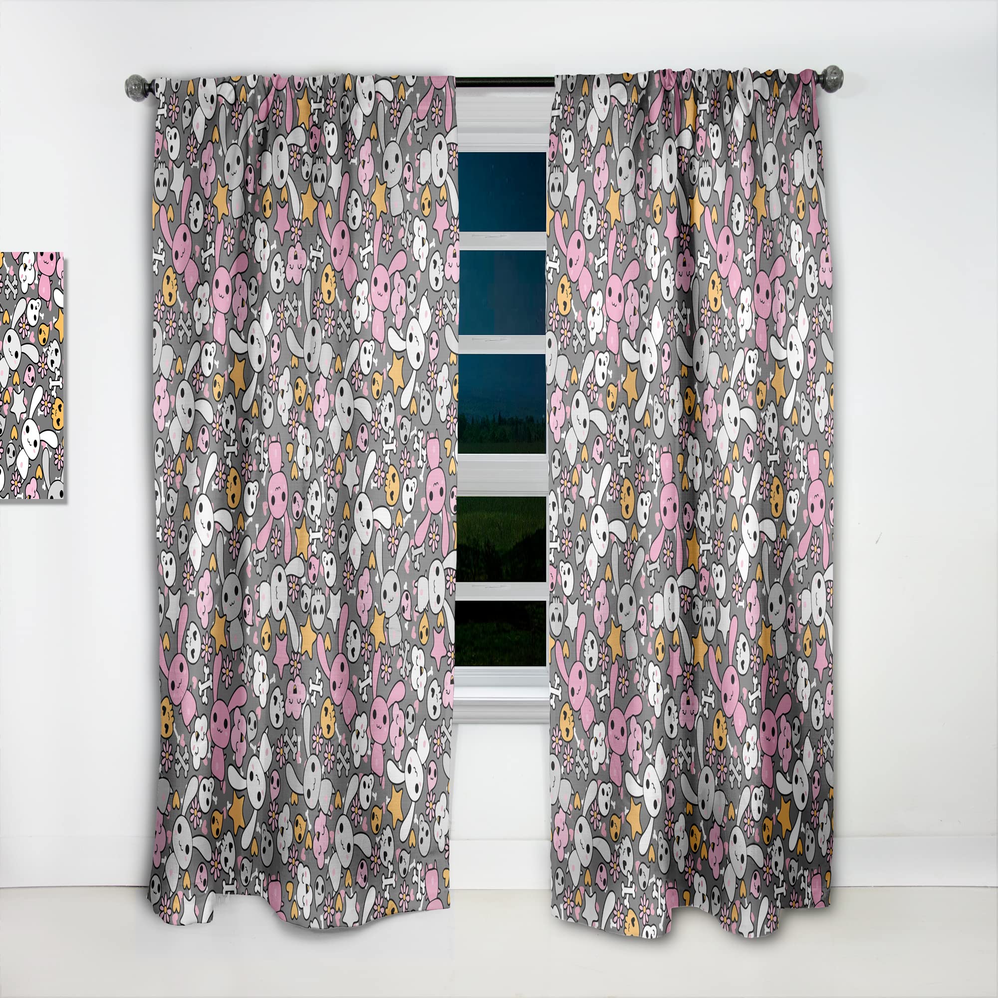 DesignQ 'Little Rabbit Kawaii with Pink Flowers' Thermal Insulated Curtains - Single Panel 52x108 - Cute Nursery & Living Room Window Drapes for Girls Bedroom Decor
