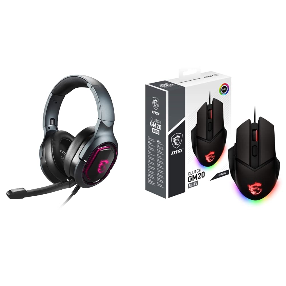 MSI IMMERSE GH50 Gaming Headset with 7.1 Virtual Surround Sound & Clutch GM20 Elite Gaming Mouse - 6400 DPI Optical Sensor, Right-Handed, 20M+ Click OMRON Switches - Perfect for PC Gaming, Streaming & Esports